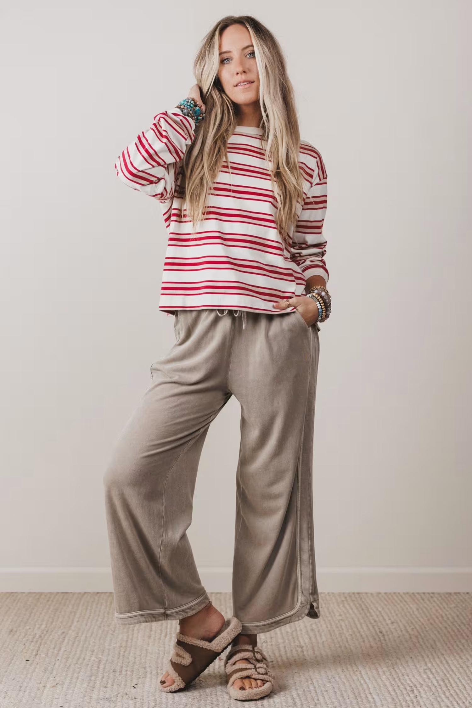 Casual Red Stripe Long Sleeve Top – Comfy Cotton Blend Shirt - Detail View 8 Casual Red Stripe Long Sleeve Top – Comfy Cotton Blend Shirt - Detail View 8