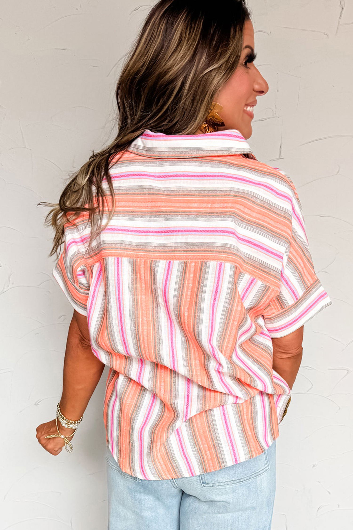 Chic Pink Stripe Button-Up Shirt for Women – Ideal for Everyday Outfits and Summer Outings - Detail View 2 Chic Pink Stripe Button-Up Shirt for Women – Ideal for Everyday Outfits and Summer Outings - Detail View 2