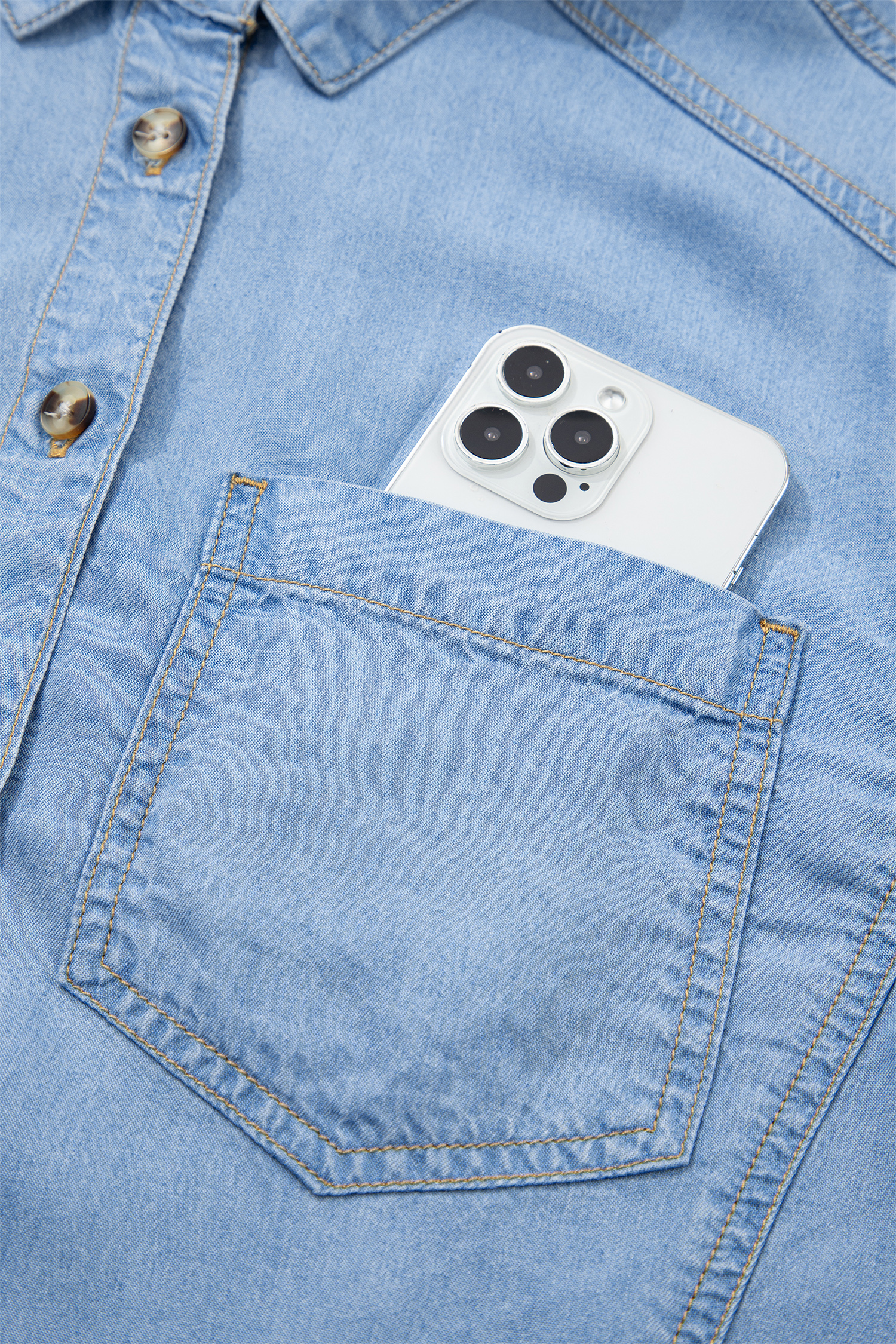Women's Beau Blue Half Sleeve Chambray Shirt – Casual Ruffled High Low Design for Daily Wear - Detail View 10 Women's Beau Blue Half Sleeve Chambray Shirt – Casual Ruffled High Low Design for Daily Wear - Detail View 10