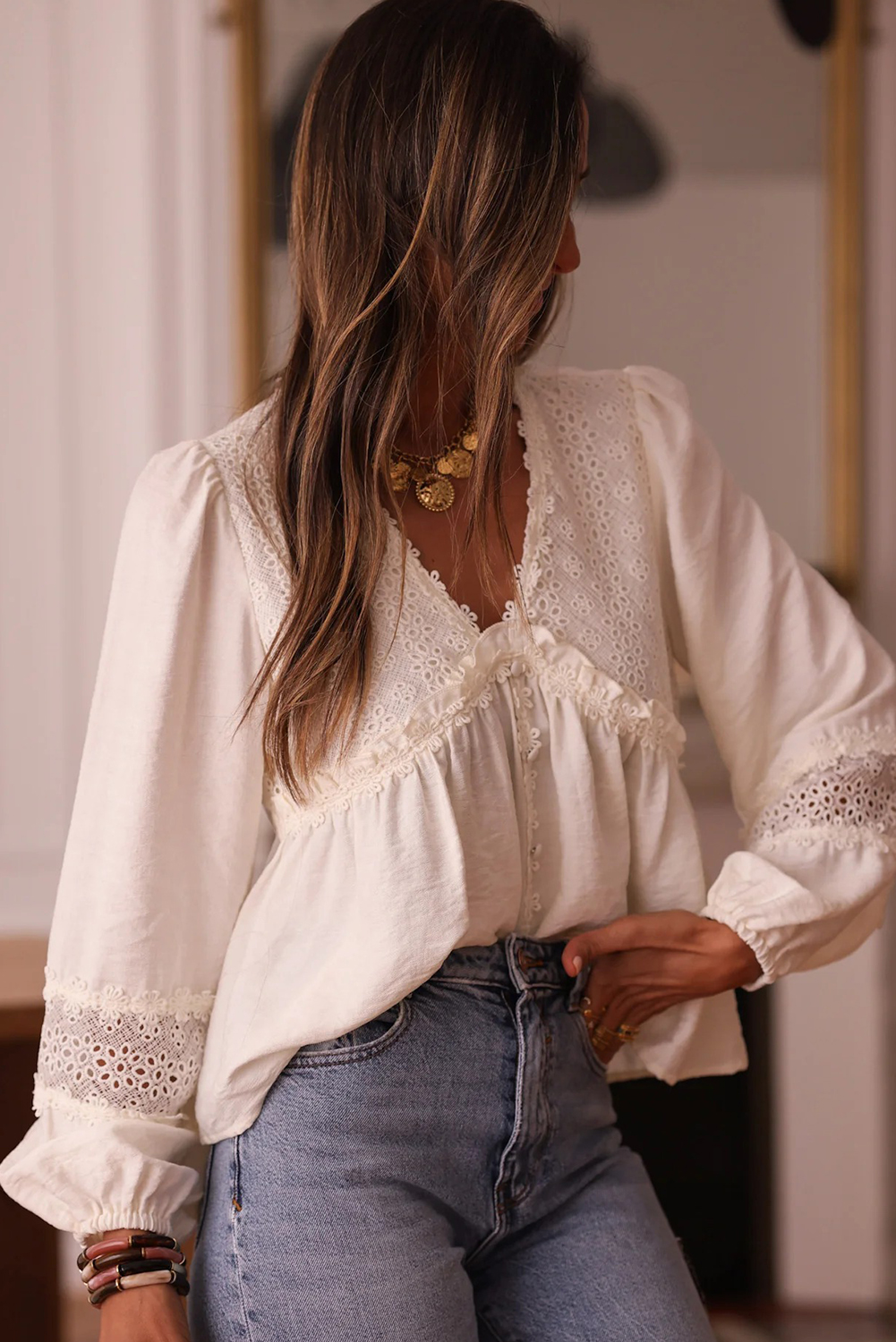 Women's Casual White Lace Patchwork Blouse – Frilled Long Sleeve Top for Everyday Elegance - Detail View 3 Women's Casual White Lace Patchwork Blouse – Frilled Long Sleeve Top for Everyday Elegance - Detail View 3