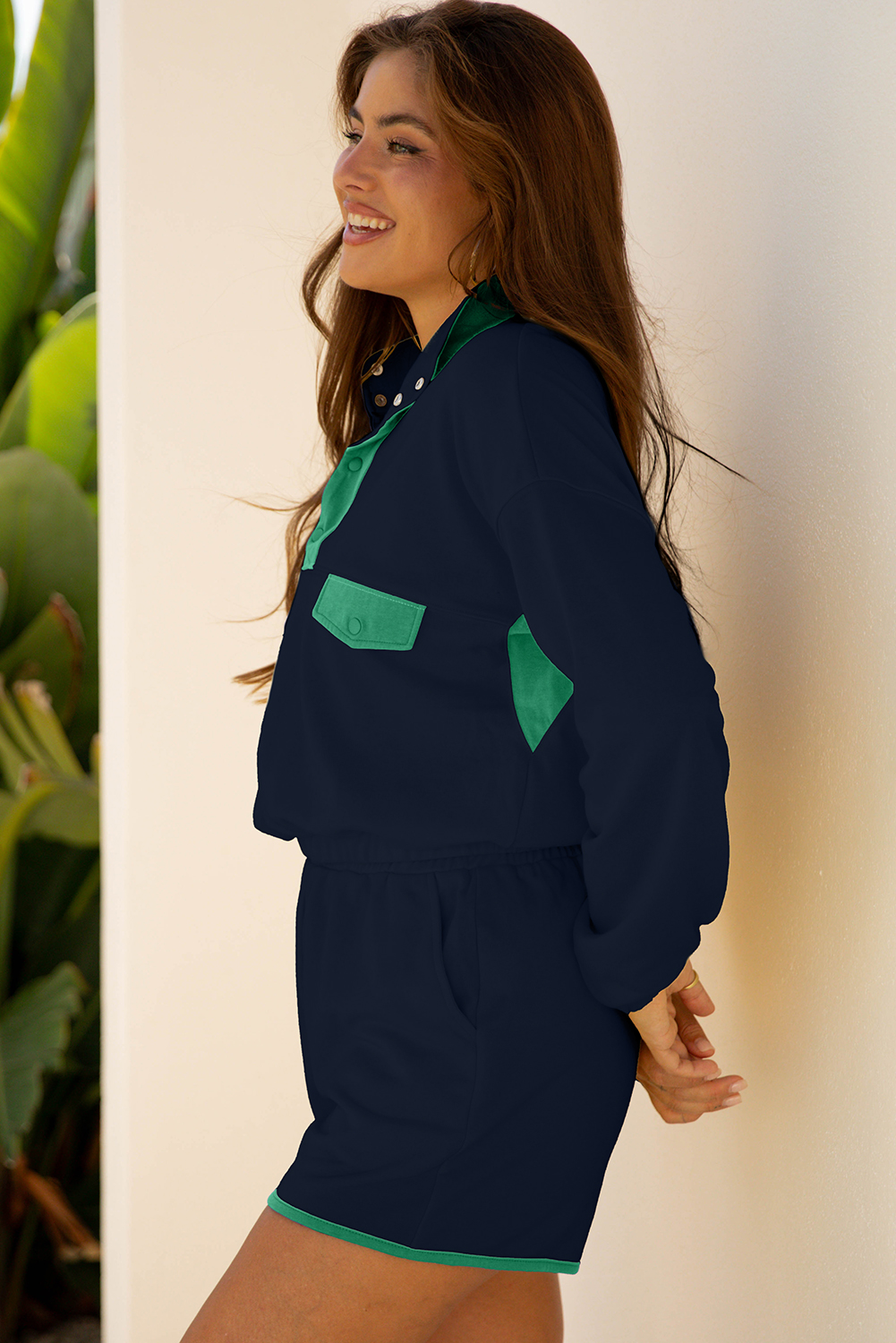 Casual Navy Blue Color Block Pullover and Shorts Ensemble – Perfect for Autumn Outings - Detail View 3 Casual Navy Blue Color Block Pullover and Shorts Ensemble – Perfect for Autumn Outings - Detail View 3