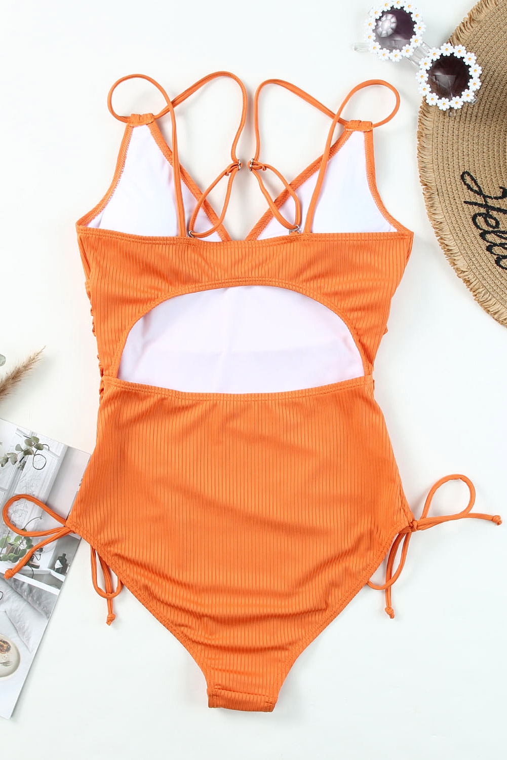Women's Swimsuit, Orange One Piece, Ribbed Knit, Adjustable Straps, V Neck, High Cut Legs, Hollow Back, Beachwear, Casual Swimwear, Solid Color, Natural Waistline, Padded Cups, Wire-Free Support, Summer Fashion - Detail View 8 Women's Swimsuit, Orange One Piece, Ribbed Knit, Adjustable Straps, V Neck, High Cut Legs, Hollow Back, Beachwear, Casual Swimwear, Solid Color, Natural Waistline, Padded Cups, Wire-Free Support, Summer Fashion - Detail View 8