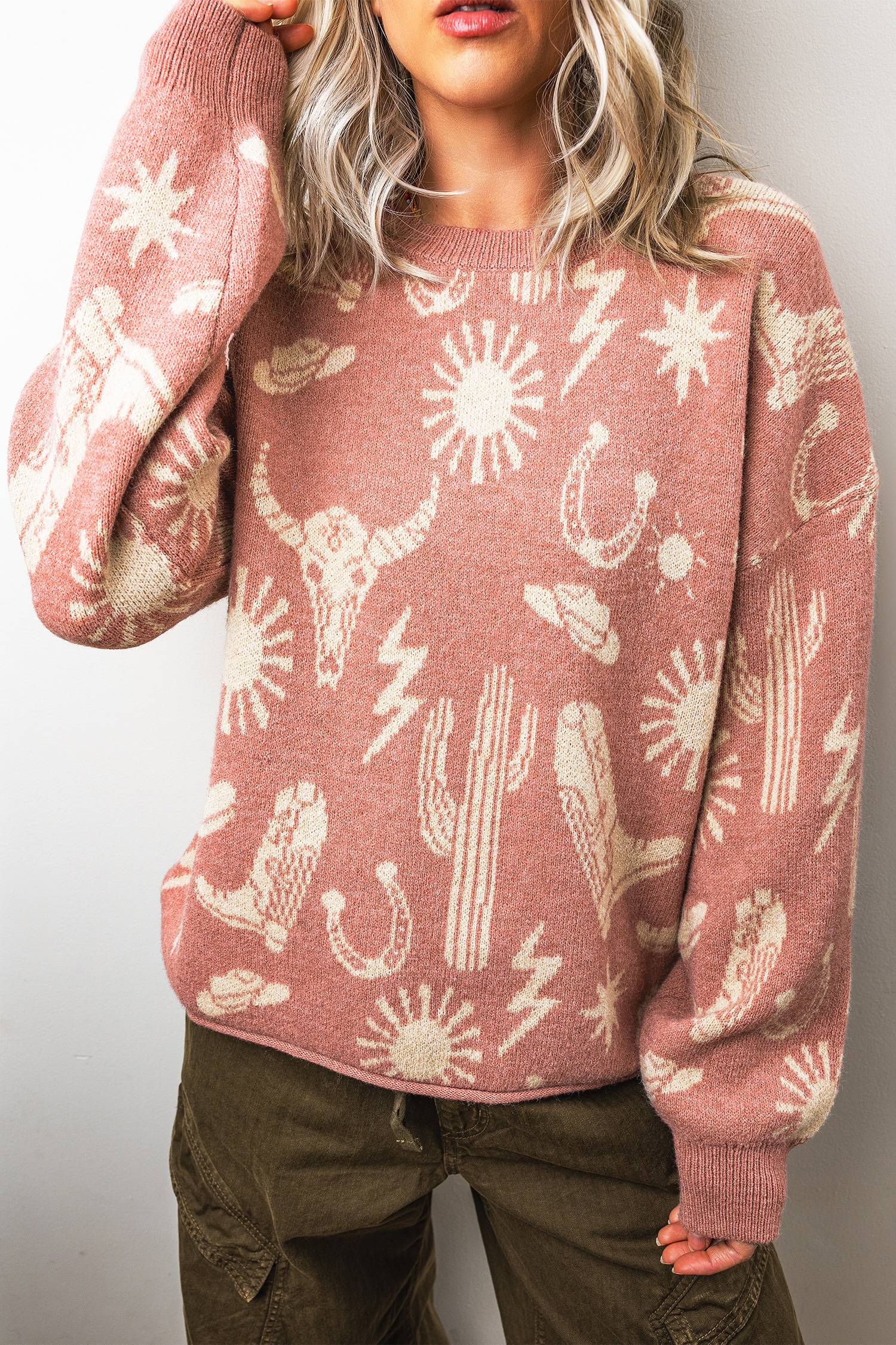 Peach Blossom Western Sweater, Casual Long Sleeve Knit Top - Detail View 8 Peach Blossom Western Sweater, Casual Long Sleeve Knit Top - Detail View 8