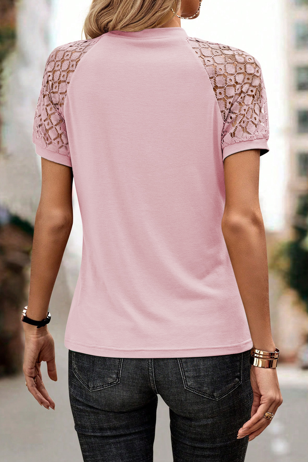 Chic Pink Seamed Detail Lace Tee for Women – Perfect for Daily Wear and Outings - Detail View 2 Chic Pink Seamed Detail Lace Tee for Women – Perfect for Daily Wear and Outings - Detail View 2