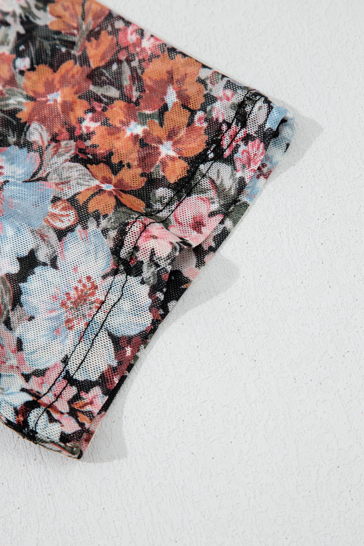 Women's Floral Mesh Top, Brown Sheer Short Sleeve Blouse - Detail View 7 Women's Floral Mesh Top, Brown Sheer Short Sleeve Blouse - Detail View 7