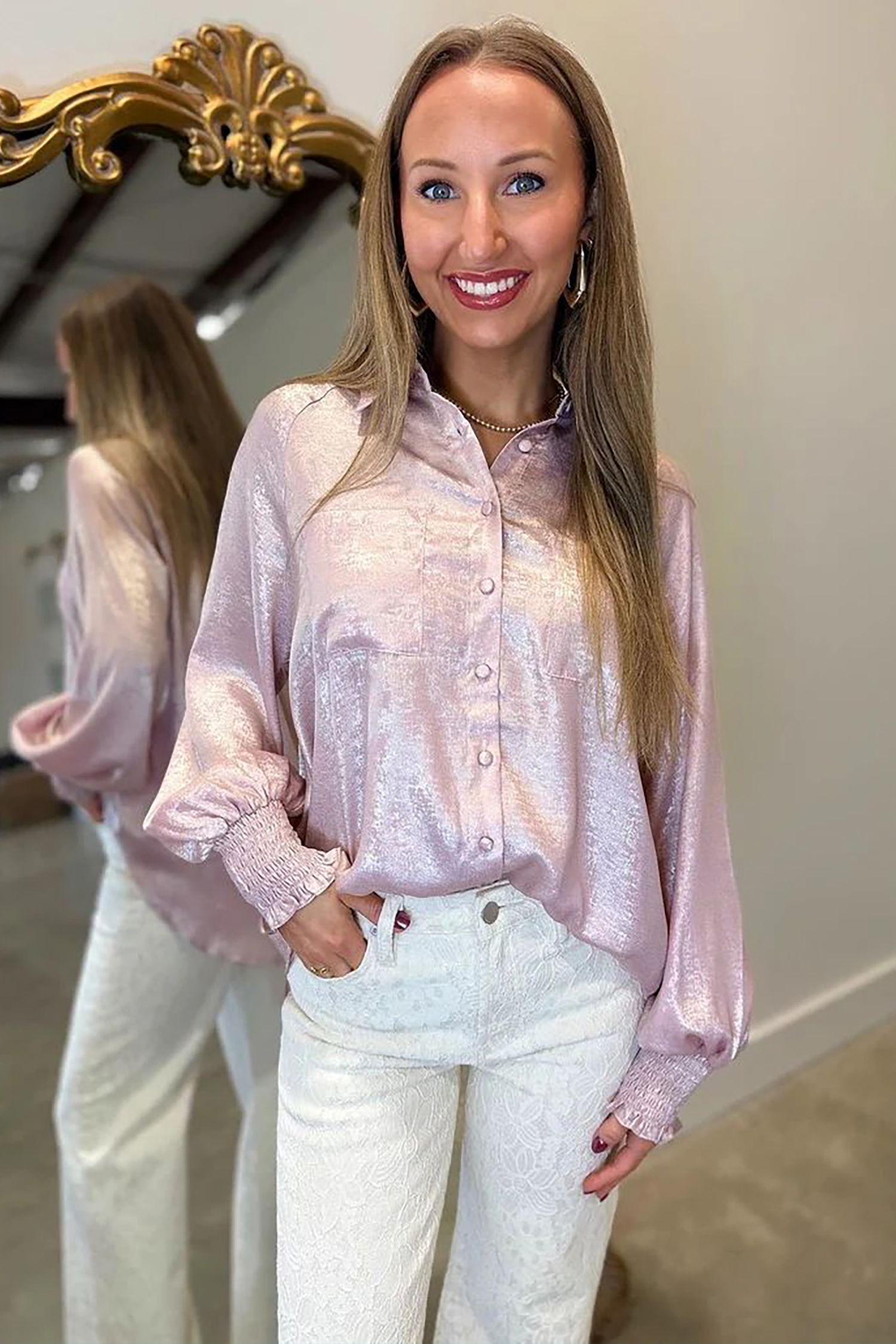 Women's Metallic Button Down Shirt, Long Sleeve Casual Blouse - Detail View 7 Women's Metallic Button Down Shirt, Long Sleeve Casual Blouse - Detail View 7