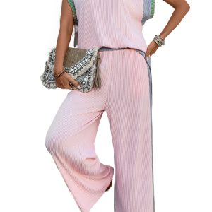 Women's Pink Corded Colorblock Patchwork Short Sleeve Top and Loose Pants Set - Main View