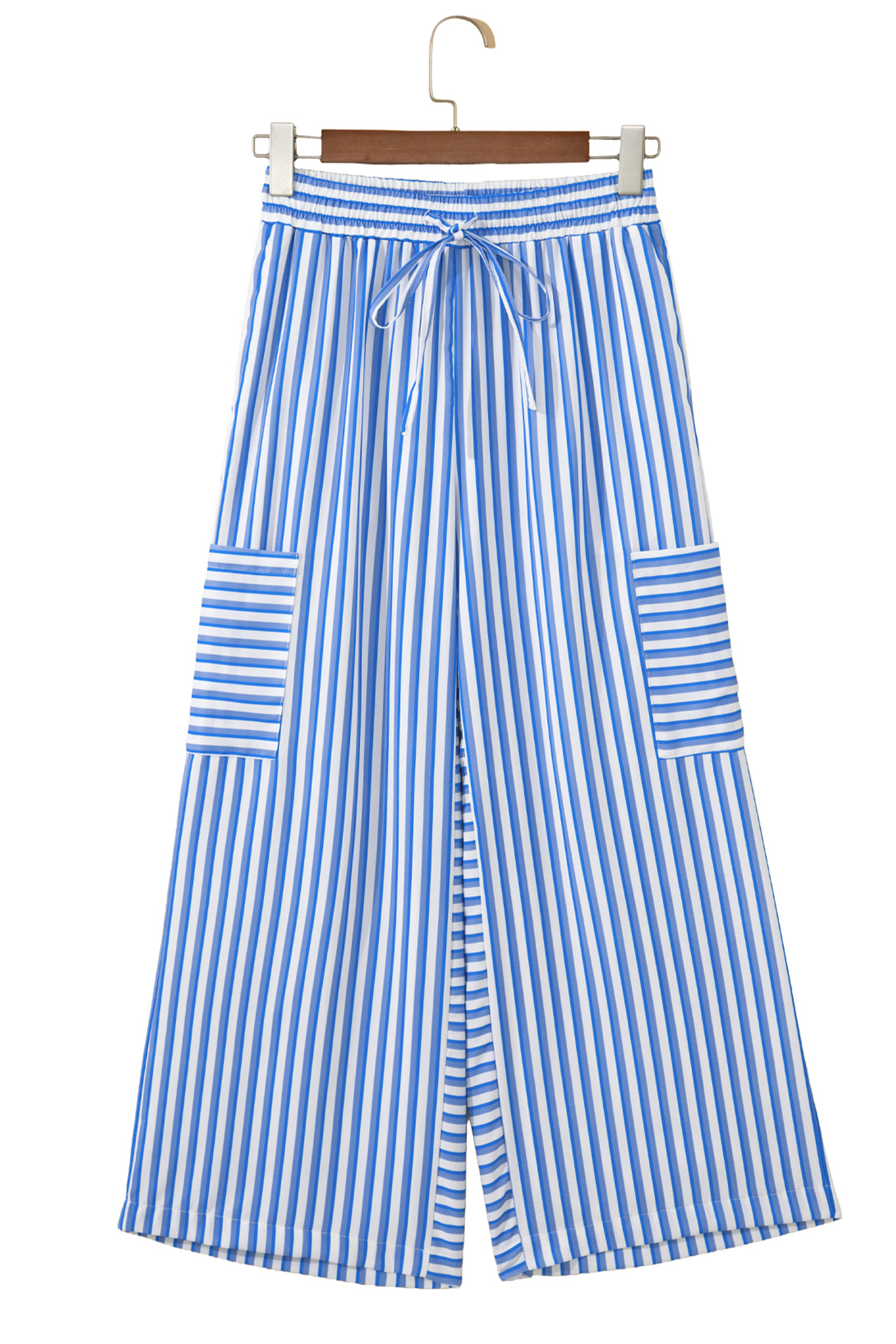 Casual Blue Stripe Wide Leg Pants for Women – Ankle Length Drawstring Trousers for Daily Wear - Detail View 5 Casual Blue Stripe Wide Leg Pants for Women – Ankle Length Drawstring Trousers for Daily Wear - Detail View 5