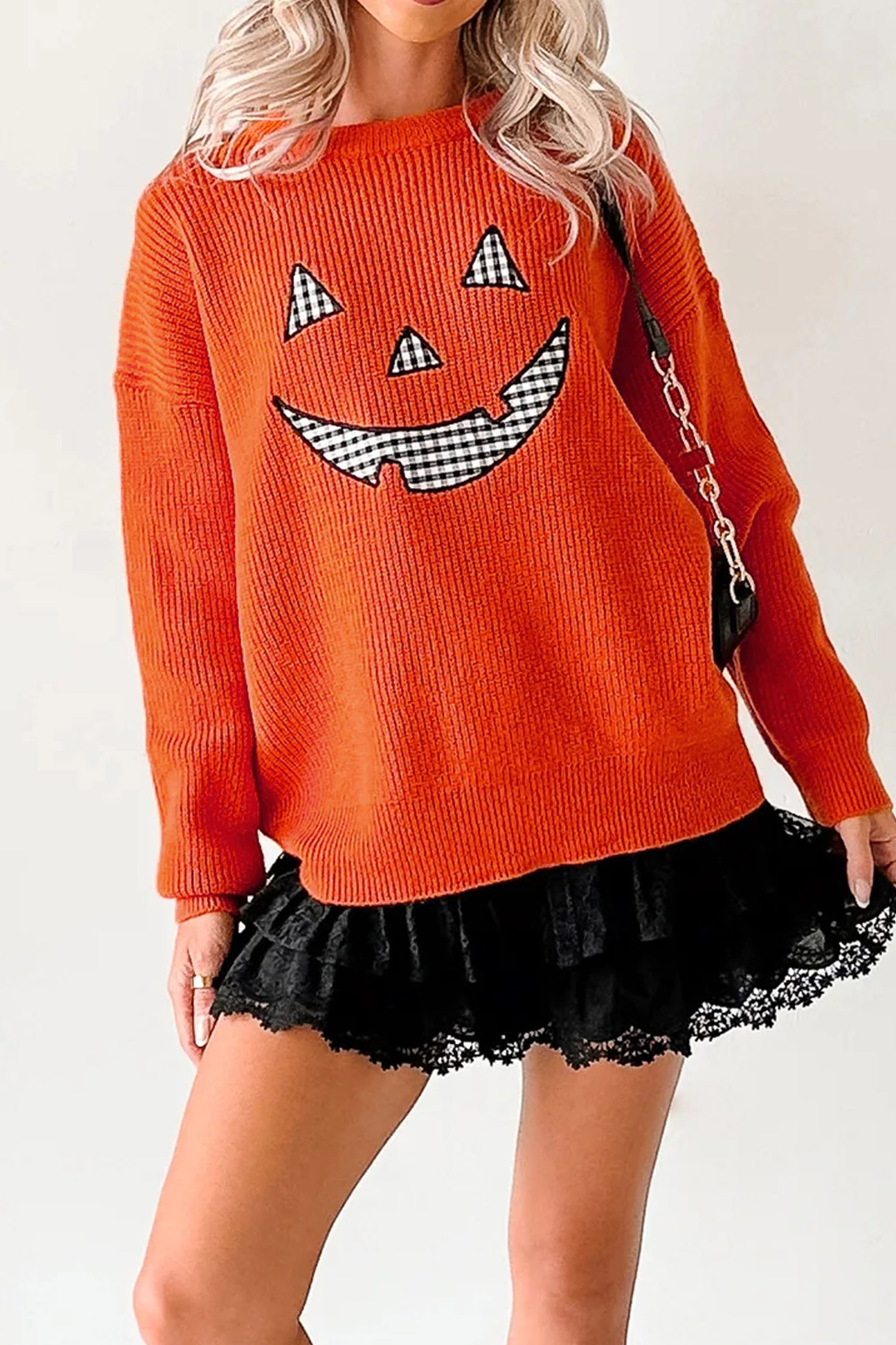 Festive Pumpkin Graphic Sweater, Casual Orange Fall Pullover - Detail View 5 Festive Pumpkin Graphic Sweater, Casual Orange Fall Pullover - Detail View 5