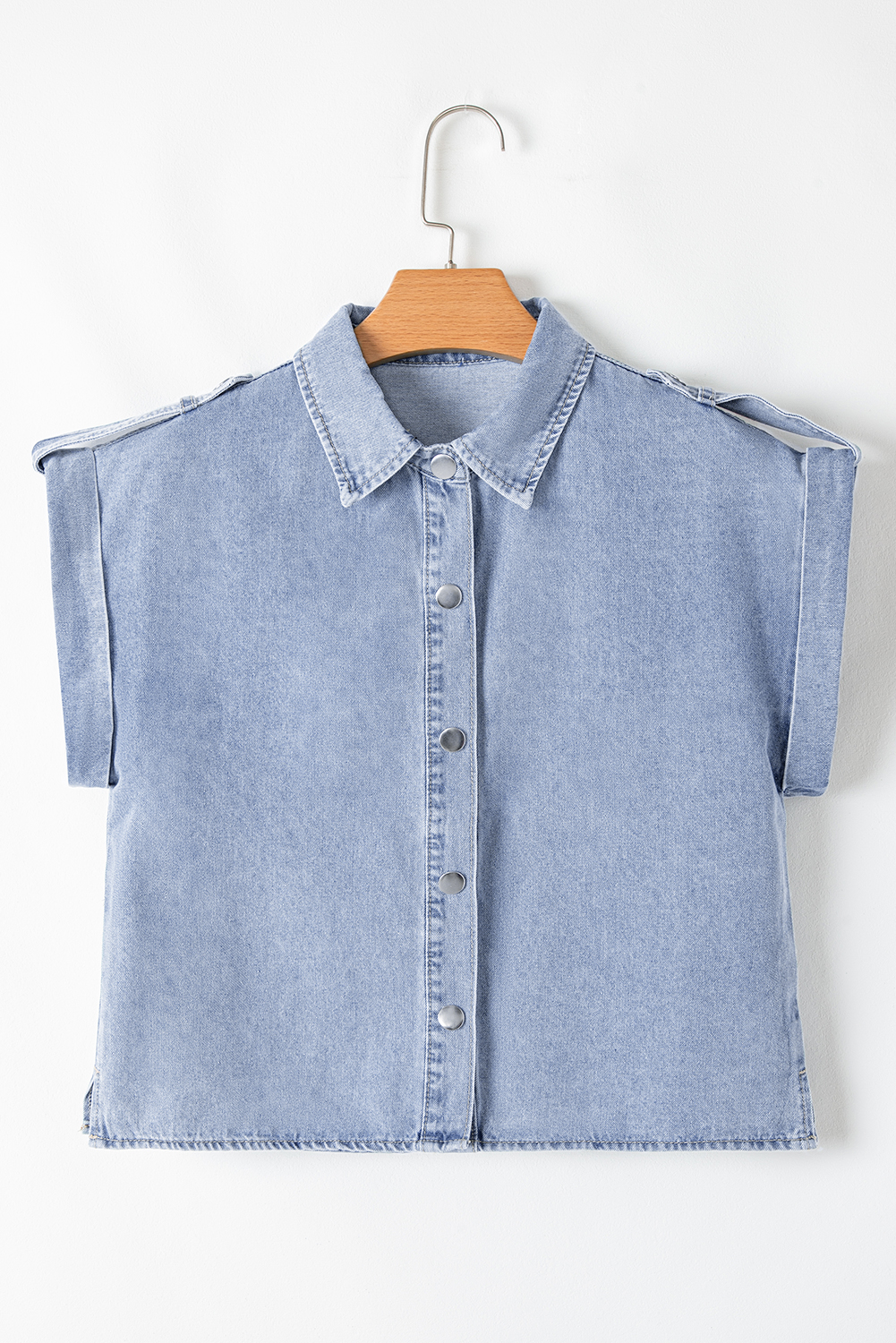 Casual Dusk Blue Denim Shirt with Button Detail and Folded Cap Sleeves - Detail View 14 Casual Dusk Blue Denim Shirt with Button Detail and Folded Cap Sleeves - Detail View 14