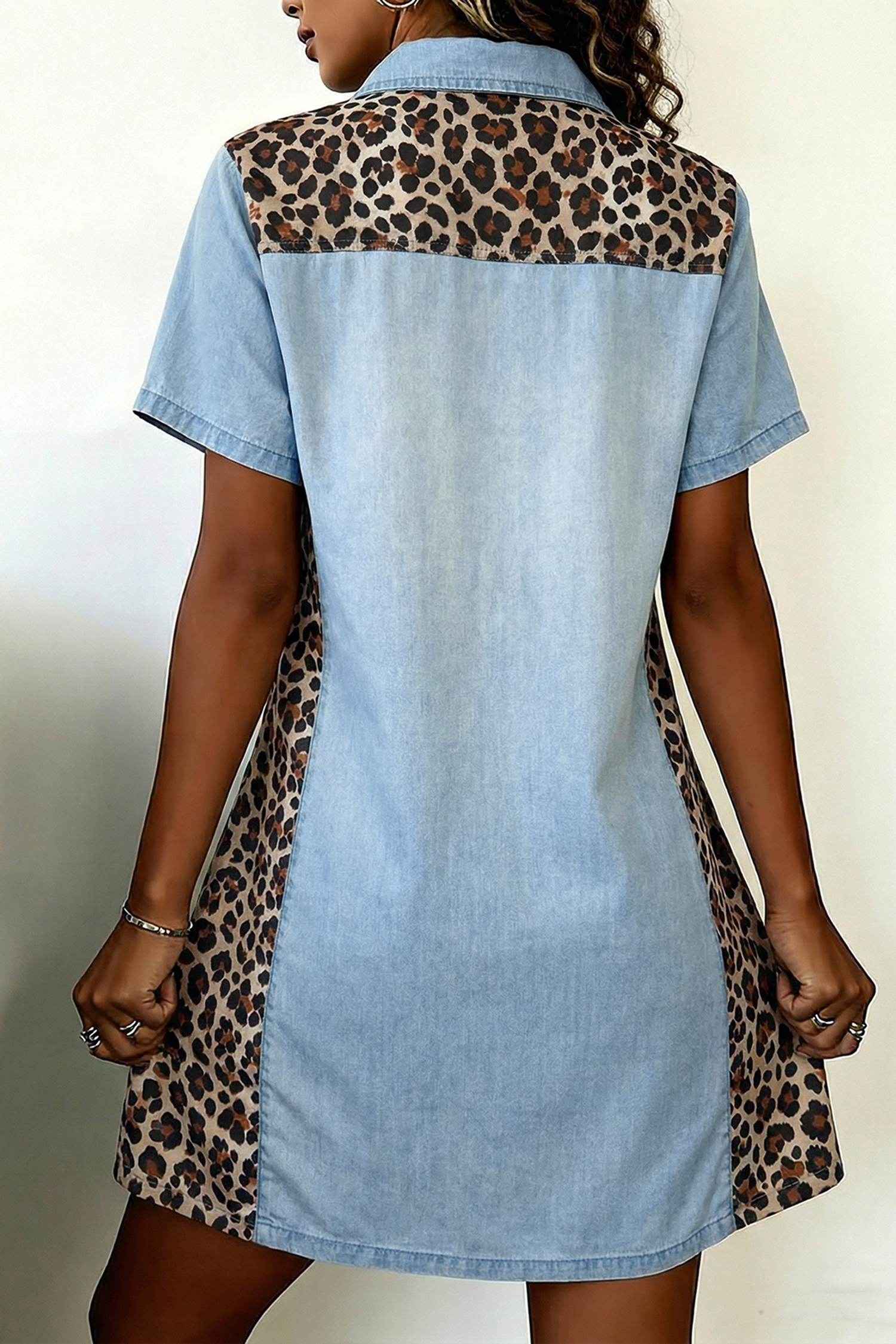 Casual Leopard Patchwork Denim Shirt Dress – Short Sleeve Shift Mini Dress for Women, Summer Style - Detail View 2 Casual Leopard Patchwork Denim Shirt Dress – Short Sleeve Shift Mini Dress for Women, Summer Style - Detail View 2