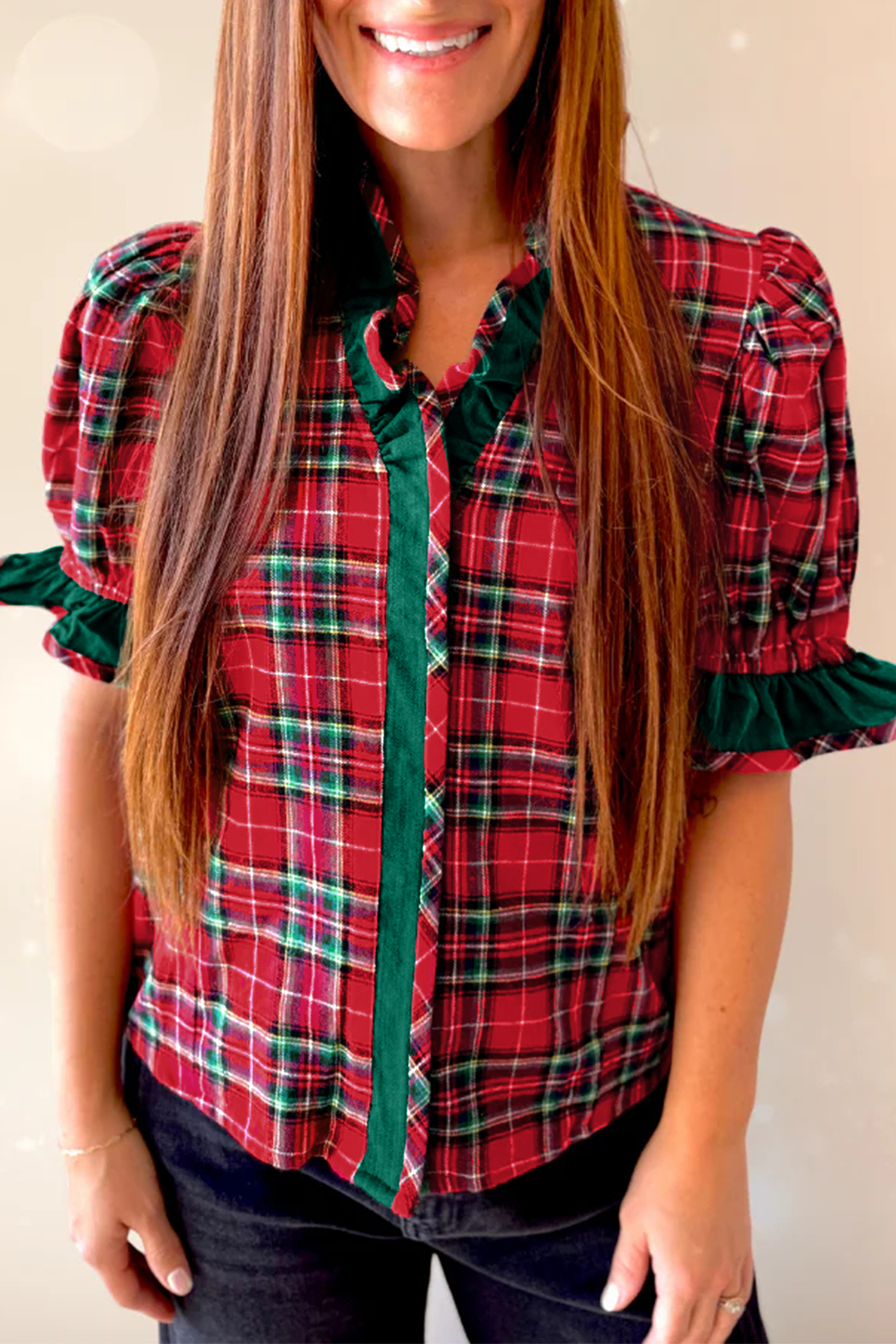 Holiday Plaid Button Up Shirt, Women's Ruffle Trim Top - Detail View 2 Holiday Plaid Button Up Shirt, Women's Ruffle Trim Top - Detail View 2