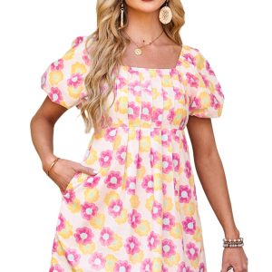 Women's Rose Vibrant Floral Square Neck Puff Sleeve Pleated Flared Midi Dress for Summer - Main View