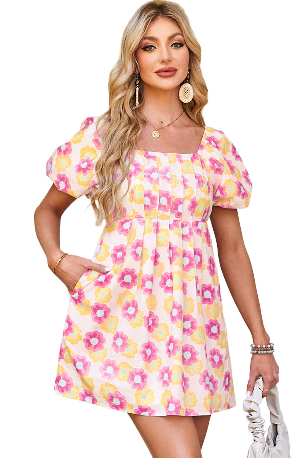 Women's Rose Vibrant Floral Square Neck Puff Sleeve Pleated Flared Midi Dress for Summer - Main View Women's Rose Vibrant Floral Square Neck Puff Sleeve Pleated Flared Midi Dress for Summer - Main View