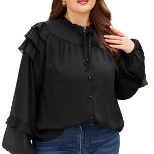 Women's Black Chiffon Plus Size Shirt with Ruffle Balloon Sleeves – Elegant Daily Wear - Main View