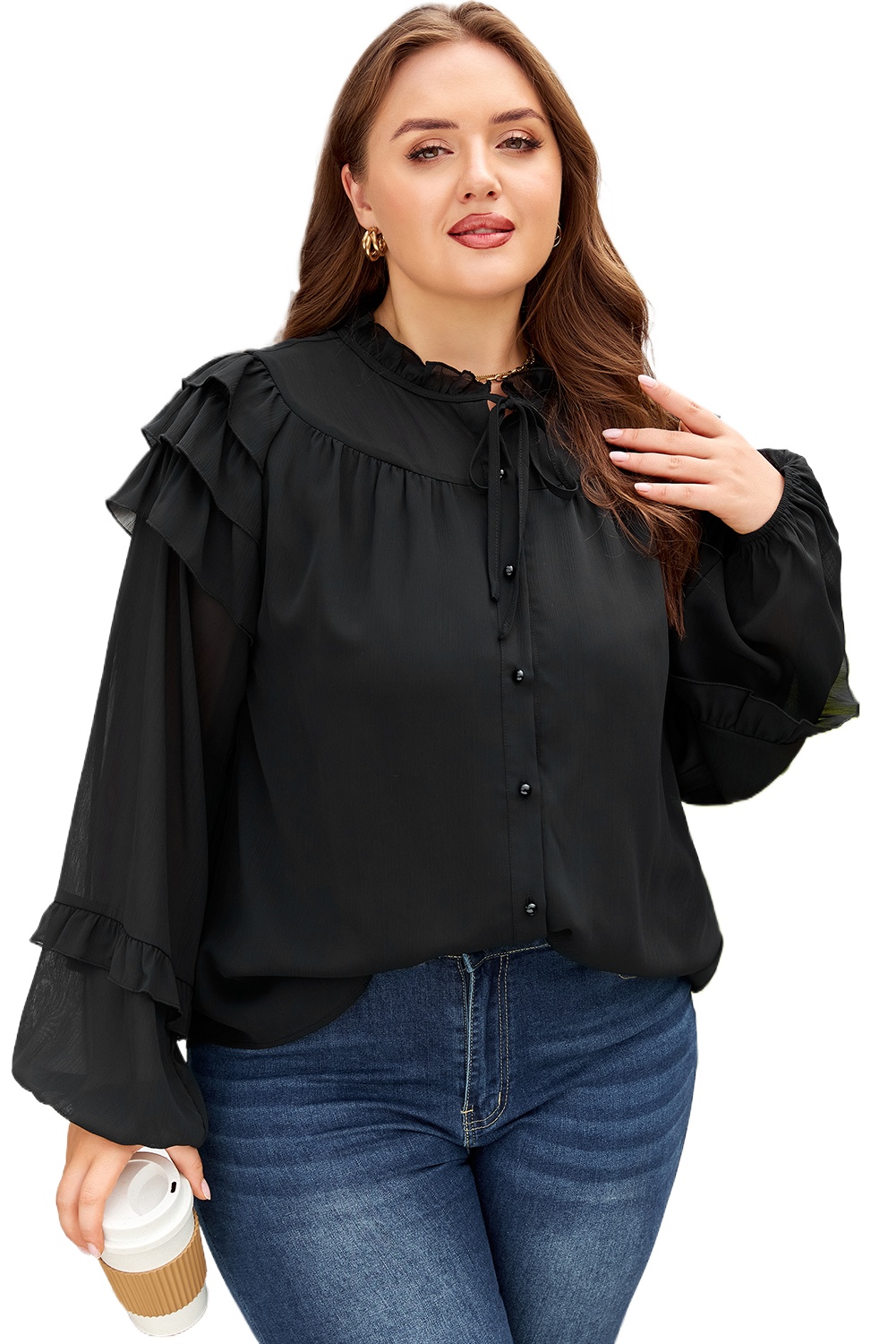 Women's Black Chiffon Plus Size Shirt with Ruffle Balloon Sleeves – Elegant Daily Wear - Main View Women's Black Chiffon Plus Size Shirt with Ruffle Balloon Sleeves – Elegant Daily Wear - Main View