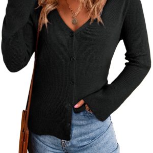 Women's Black Lightweight Ribbed Knit Button Front V Neck Cardigan for Daily Casual Wear - Main View