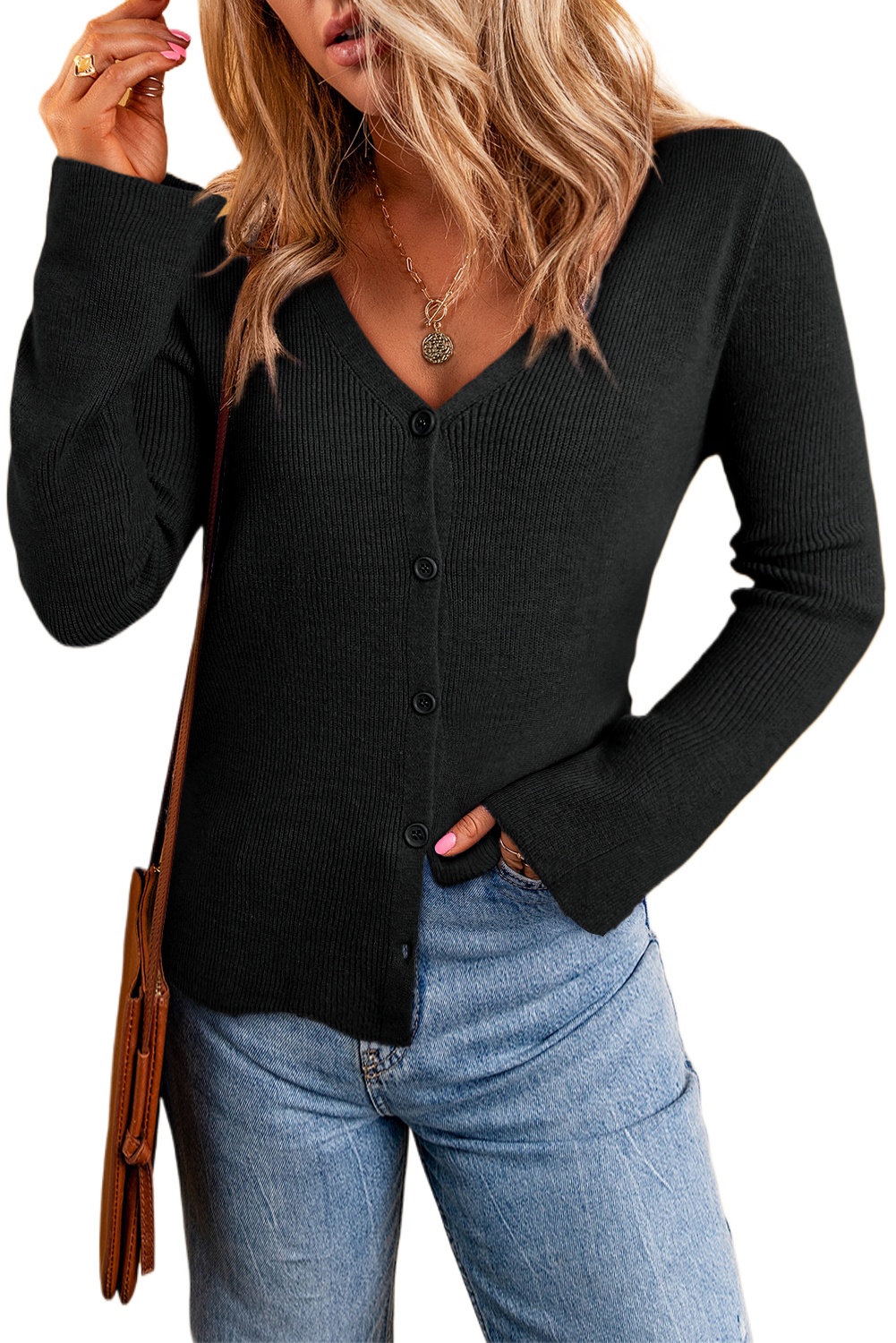 Women's Black Lightweight Ribbed Knit Button Front V Neck Cardigan for Daily Casual Wear - Main View Women's Black Lightweight Ribbed Knit Button Front V Neck Cardigan for Daily Casual Wear - Main View