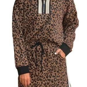 Women's Khaki Leopard Print Quarter Zip Top & Mini Skirt Set – Casual Fall Ensemble - Main View