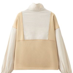 Women's Smoke Gray Quarter Zip Striped Patchwork Drop Shoulder Long Sleeve Top - Main View