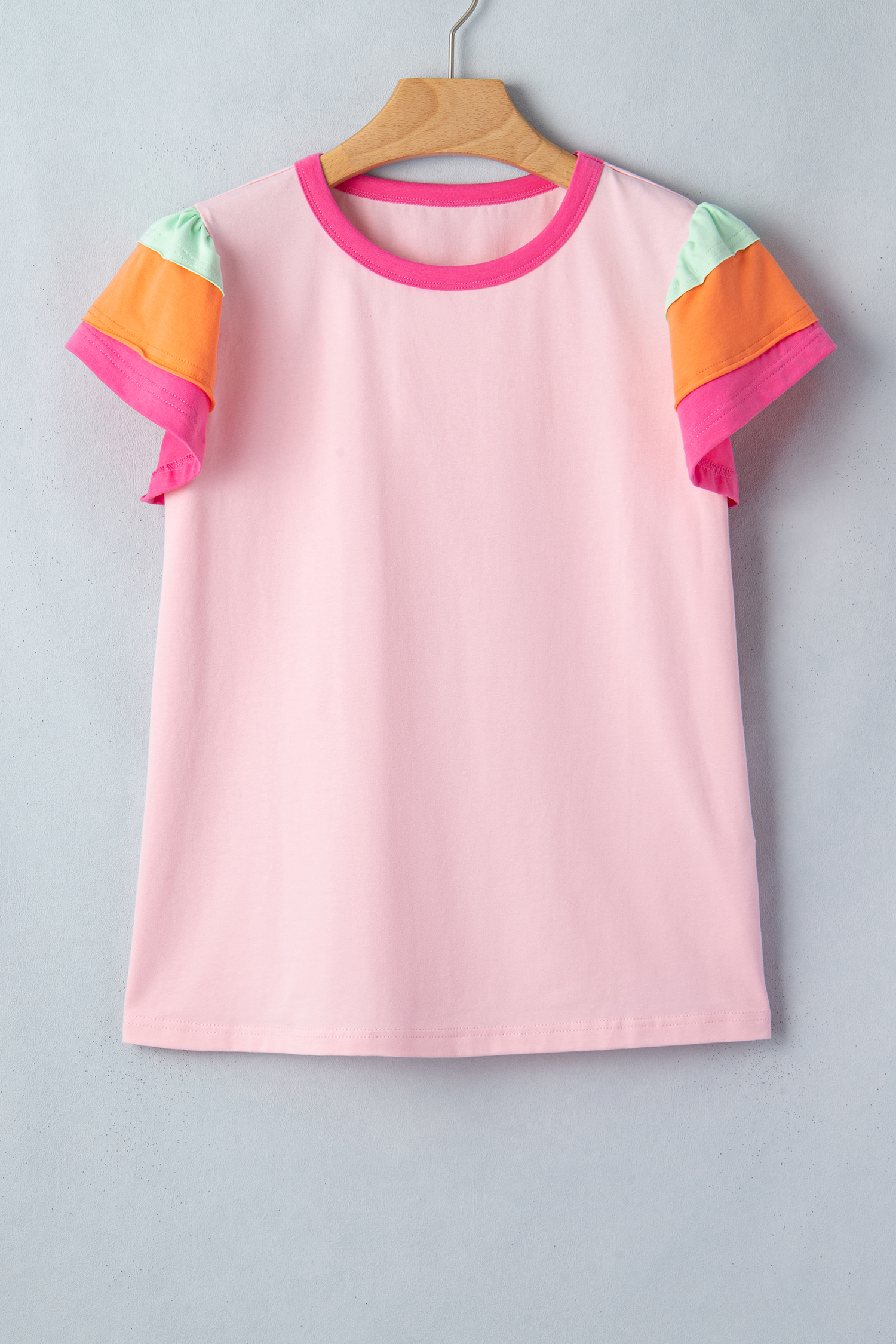 Southern Belle Style Pink Patchwork Top – Women's Ruffle Sleeve Colorblock T-Shirt, Daily Casual Shift Silhouette - Detail View 2 Southern Belle Style Pink Patchwork Top – Women's Ruffle Sleeve Colorblock T-Shirt, Daily Casual Shift Silhouette - Detail View 2