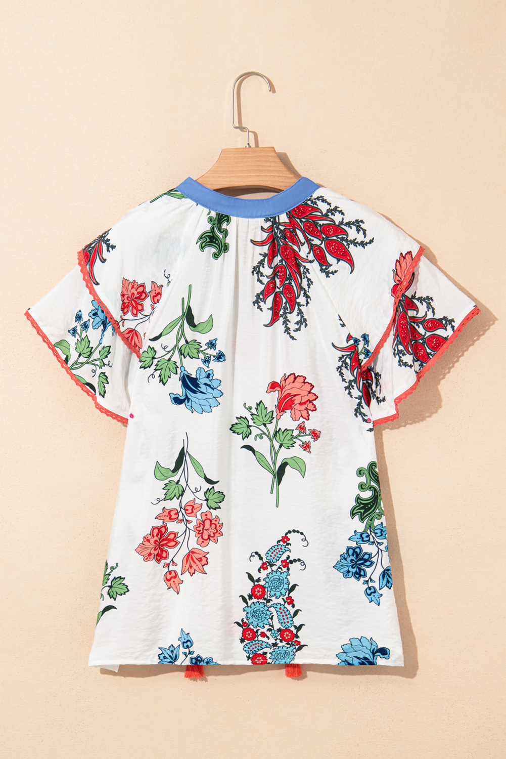 Women's Blouse, White Floral Print, Contrast V Neck, Short Sleeve, Lace Detail, Tassel Tie, Casual Style, Feminine Touch, Summer Wear, Daily Outfit, Charming Design, Ruffle Accents, Tops & Shirts - Detail View 4 Women's Blouse, White Floral Print, Contrast V Neck, Short Sleeve, Lace Detail, Tassel Tie, Casual Style, Feminine Touch, Summer Wear, Daily Outfit, Charming Design, Ruffle Accents, Tops & Shirts - Detail View 4