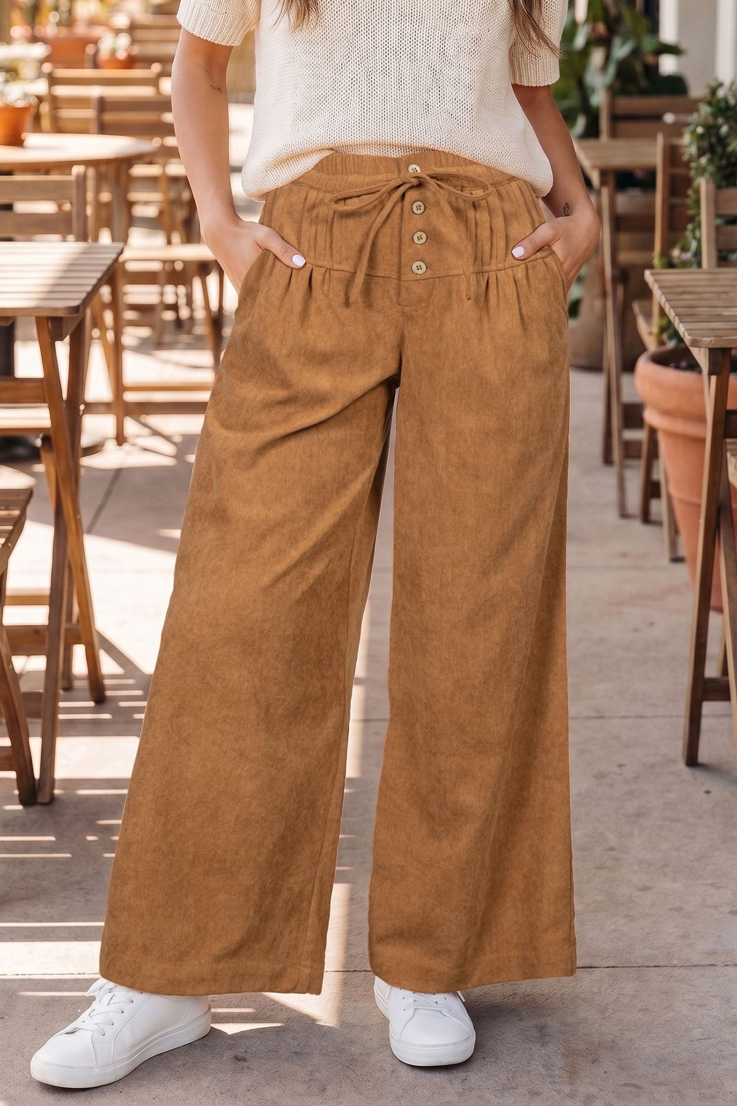 High Waist Corduroy Pants, Wide Leg Ankle Length Daily Slacks - Detail View 5 High Waist Corduroy Pants, Wide Leg Ankle Length Daily Slacks - Detail View 5