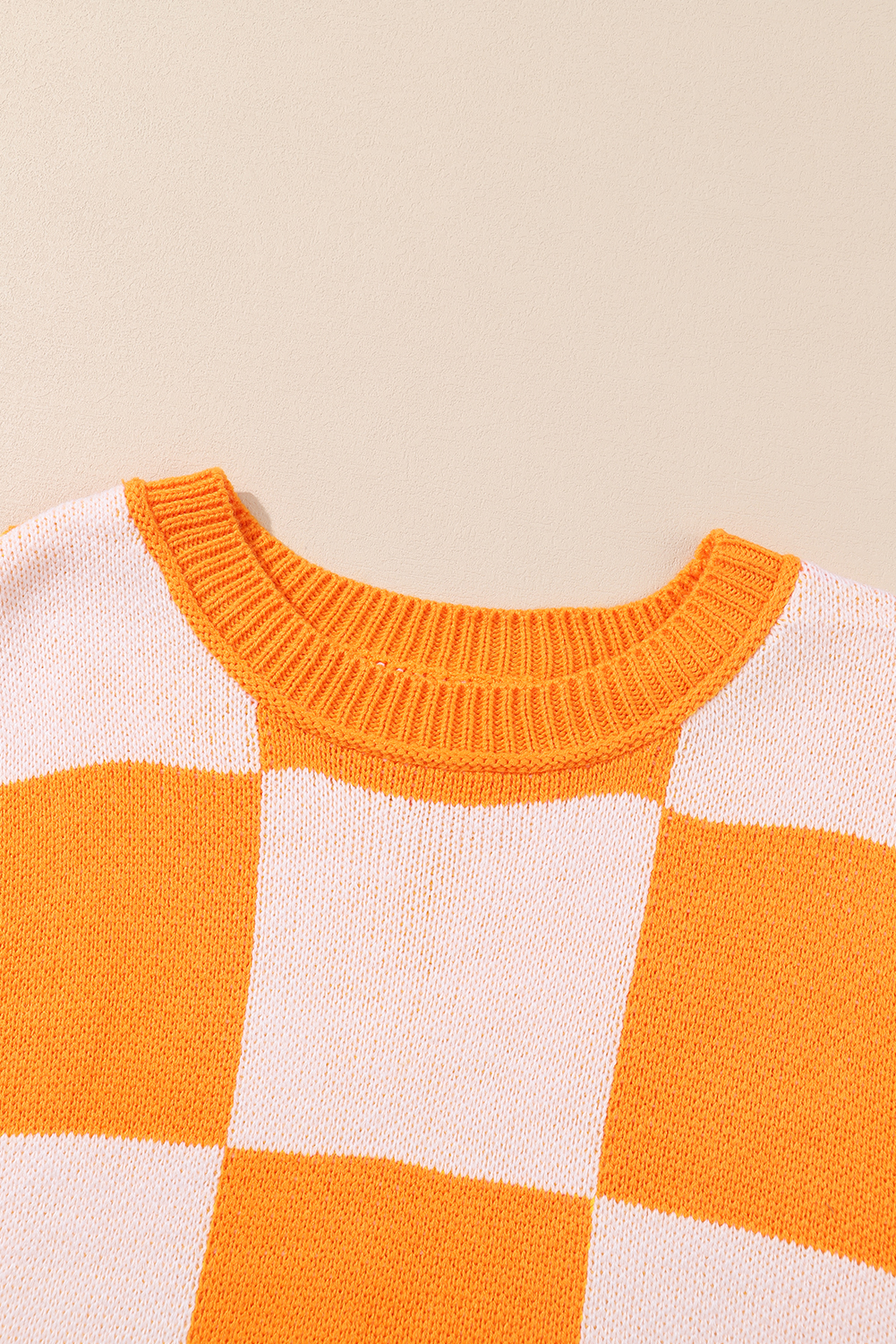 Women's Orange Checkered Bishop Sleeve Sweater – Cozy Casual Style for Fall Days - Detail View 13 Women's Orange Checkered Bishop Sleeve Sweater – Cozy Casual Style for Fall Days - Detail View 13
