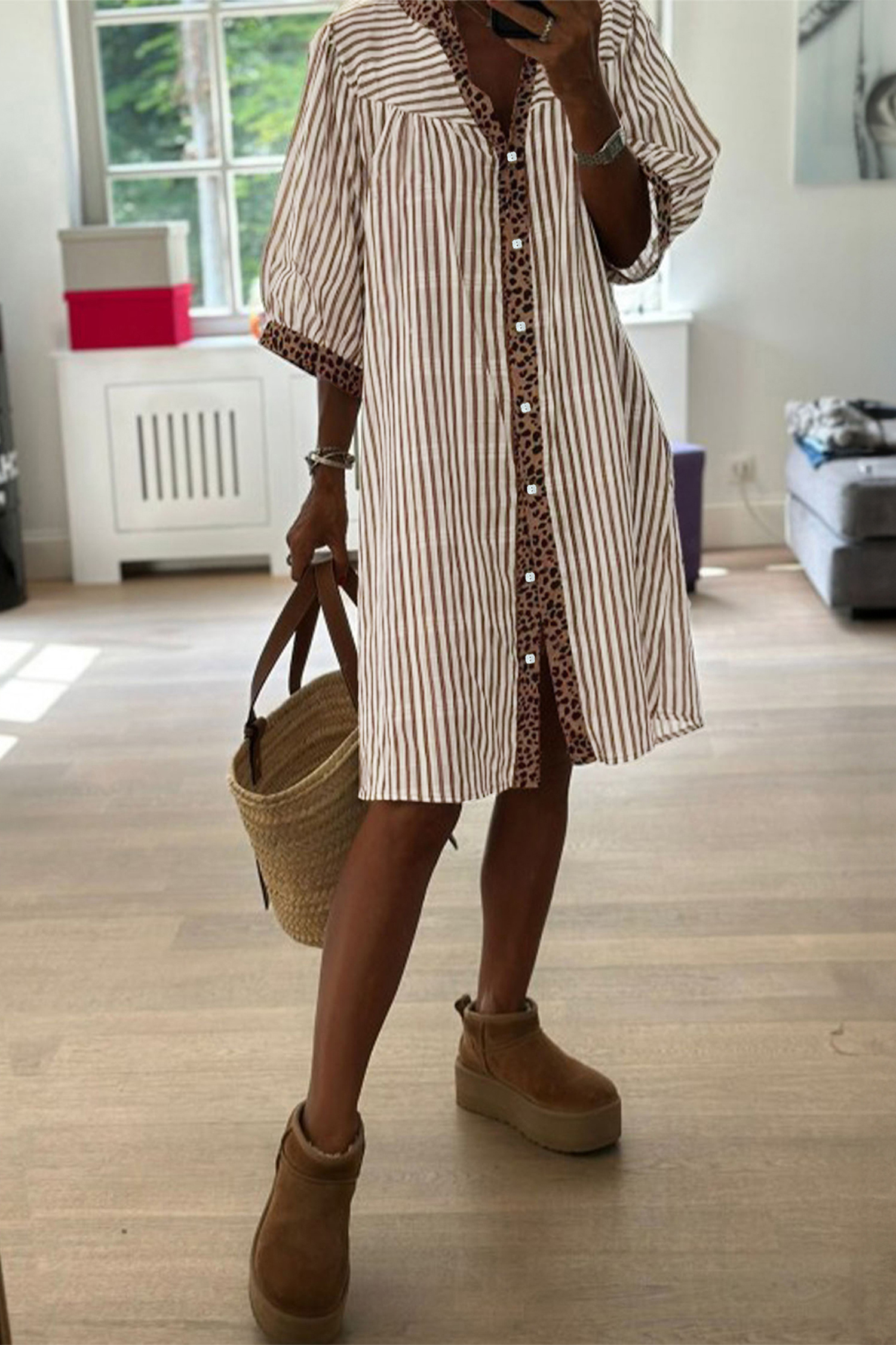 Chic Khaki Stripe Dress with Leopard Accents – Perfect for Daily Wear & Summer Outings - Detail View 2 Chic Khaki Stripe Dress with Leopard Accents – Perfect for Daily Wear & Summer Outings - Detail View 2