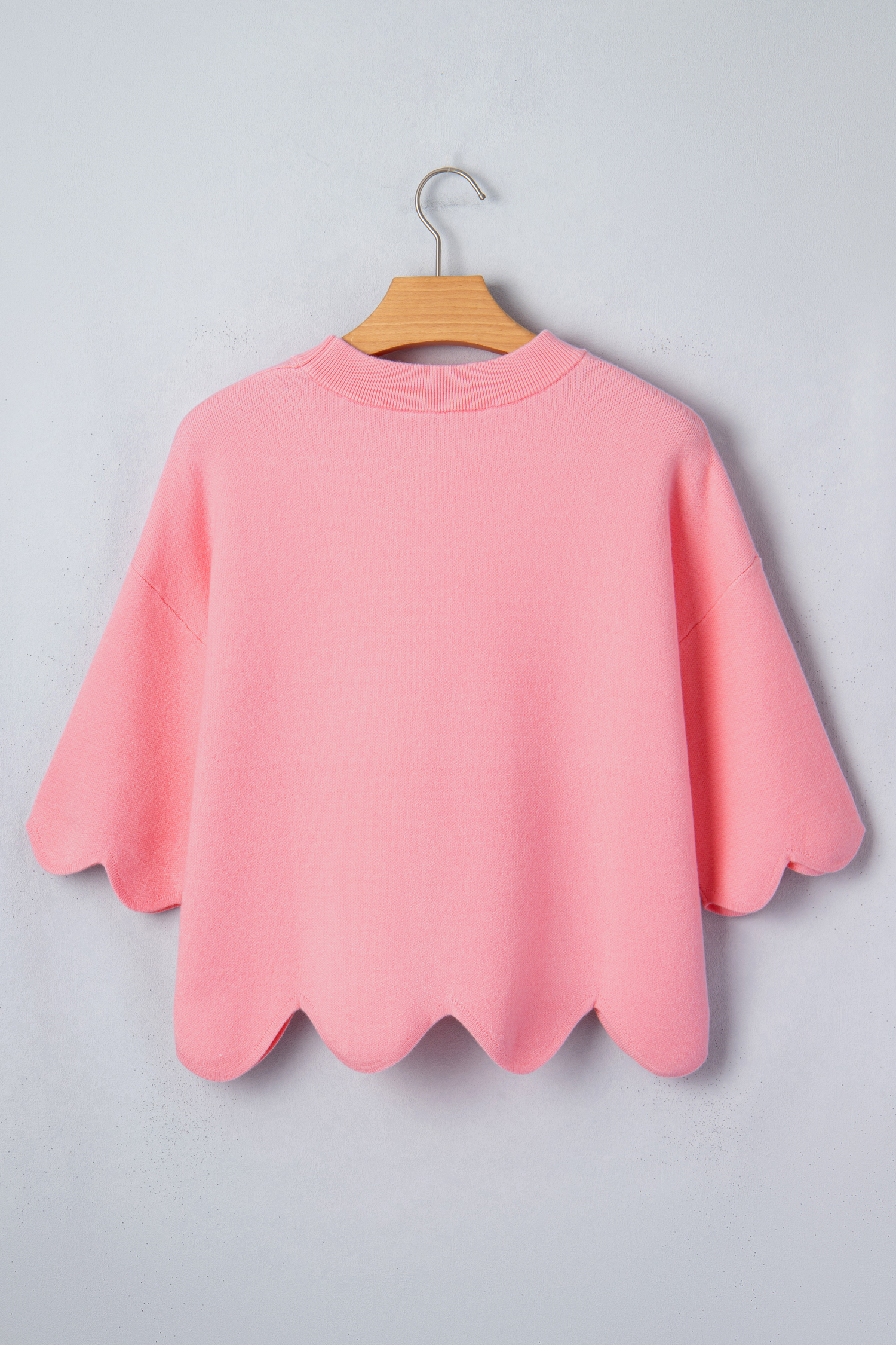 Women's Round Neck Half Sleeve Sweater – Solid Pink Summer Knit Top with Ruffle Hem Detail for Daily Outfits - Detail View 6 Women's Round Neck Half Sleeve Sweater – Solid Pink Summer Knit Top with Ruffle Hem Detail for Daily Outfits - Detail View 6