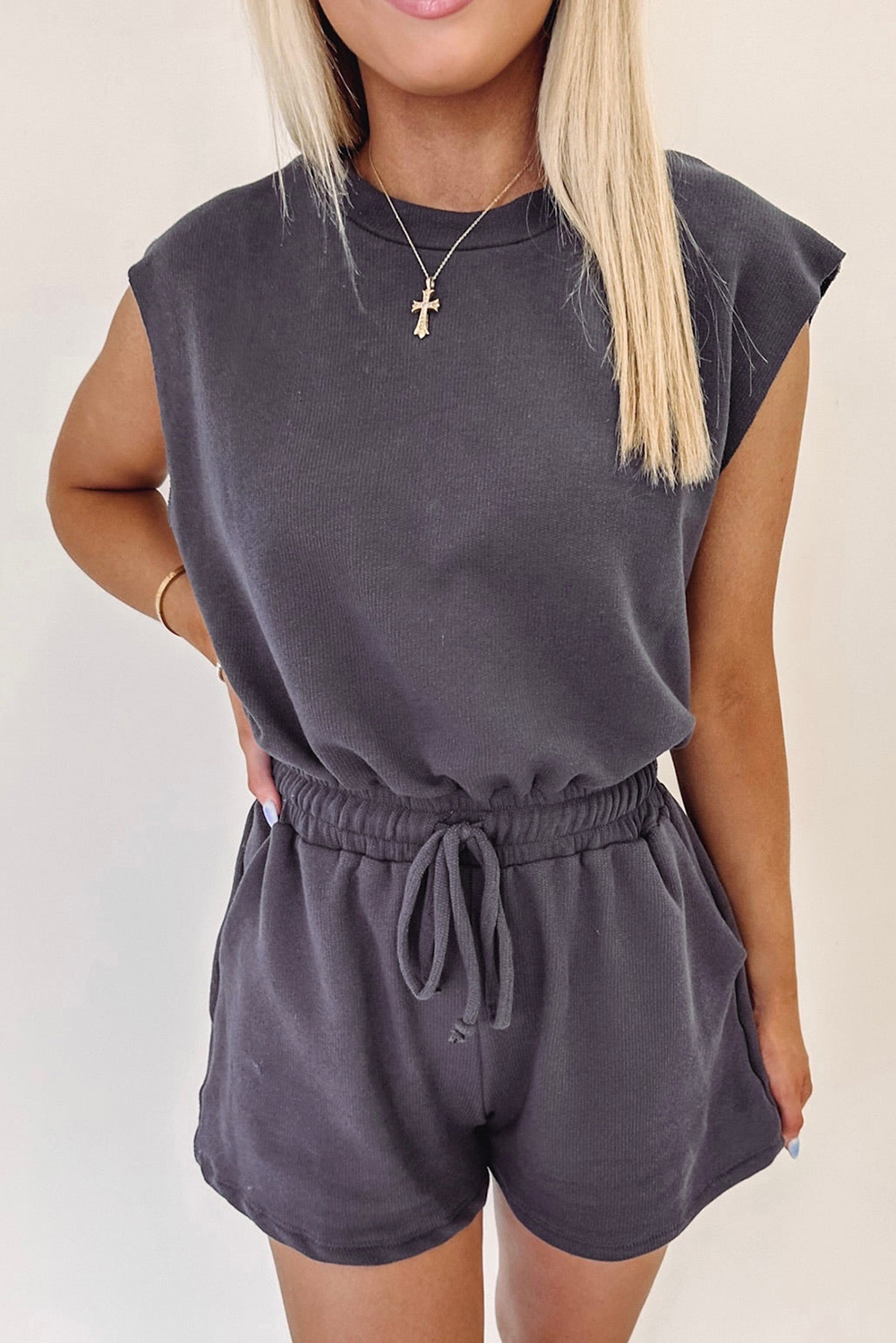 Women's Bristol Black Knit Open Back Drawstring Romper with Cap Sleeves - Detail View 9 Women's Bristol Black Knit Open Back Drawstring Romper with Cap Sleeves - Detail View 9
