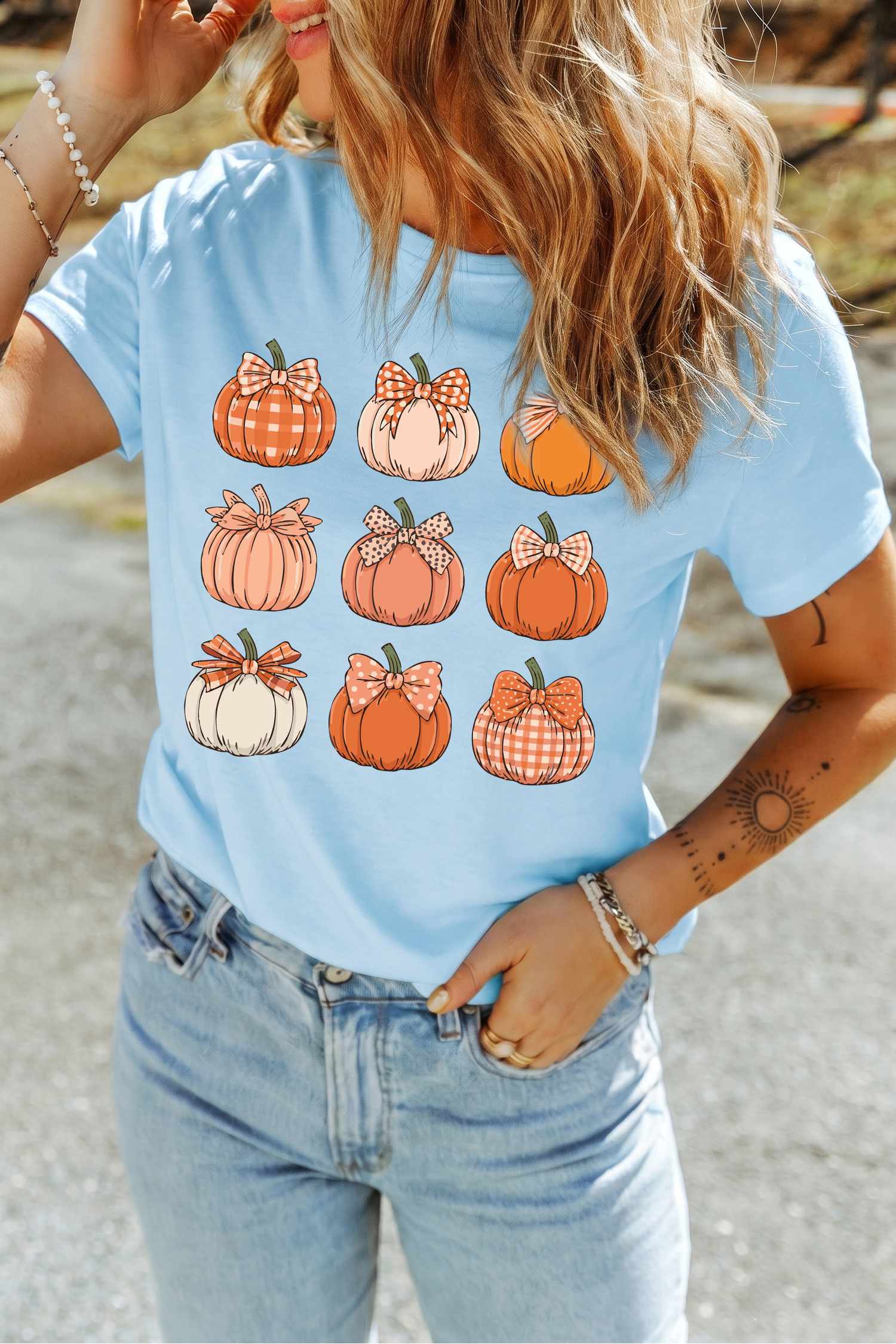 Women's Pumpkin Graphic T Shirt, Light Blue Casual Top - Detail View 10 Women's Pumpkin Graphic T Shirt, Light Blue Casual Top - Detail View 10