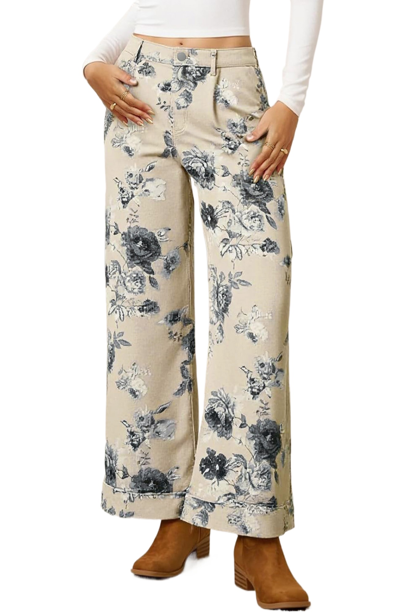 Women's Retro Floral Print Wide Leg Jeans – High Waist Loose Denim Pants for Daily Wear - Main View Women's Retro Floral Print Wide Leg Jeans – High Waist Loose Denim Pants for Daily Wear - Main View