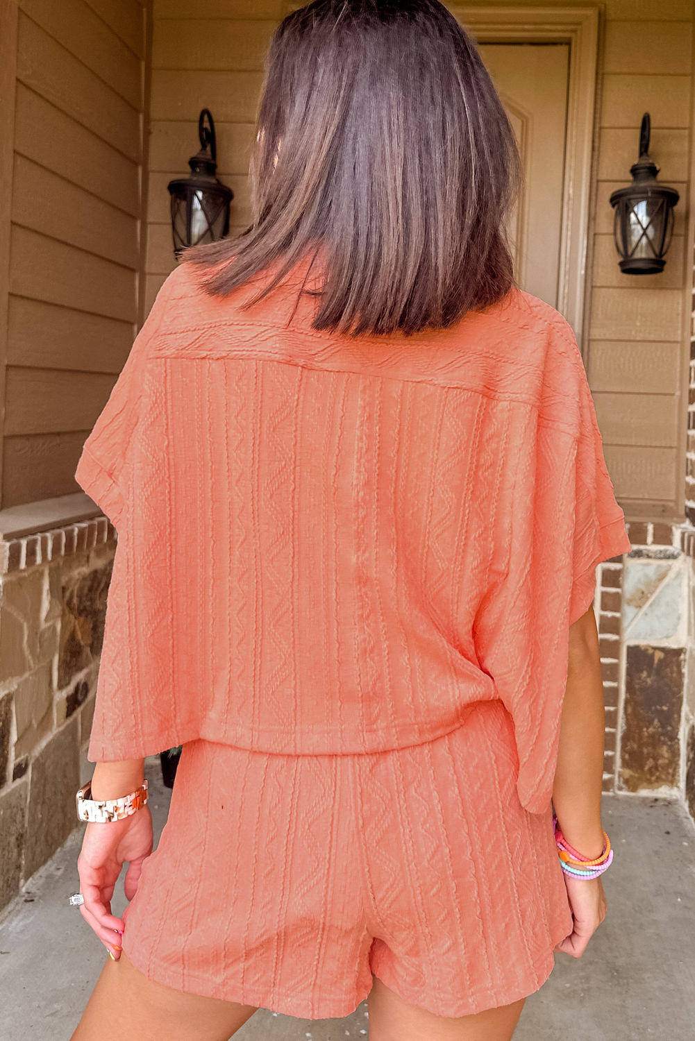 Casual 2-Piece Shorts Set: Short Sleeve Top with Pocket and High Waist Drawstring Shorts - Detail View 2 Casual 2-Piece Shorts Set: Short Sleeve Top with Pocket and High Waist Drawstring Shorts - Detail View 2