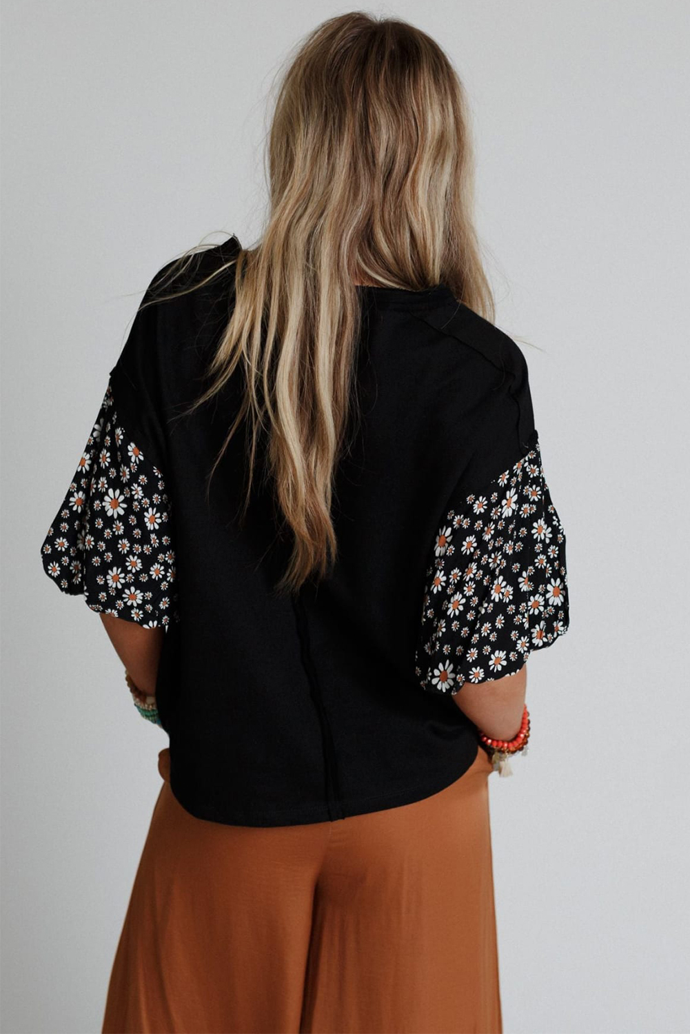 Trendy Black Floral Patchwork Oversized Top with Puff Sleeves - Detail View 2 Trendy Black Floral Patchwork Oversized Top with Puff Sleeves - Detail View 2