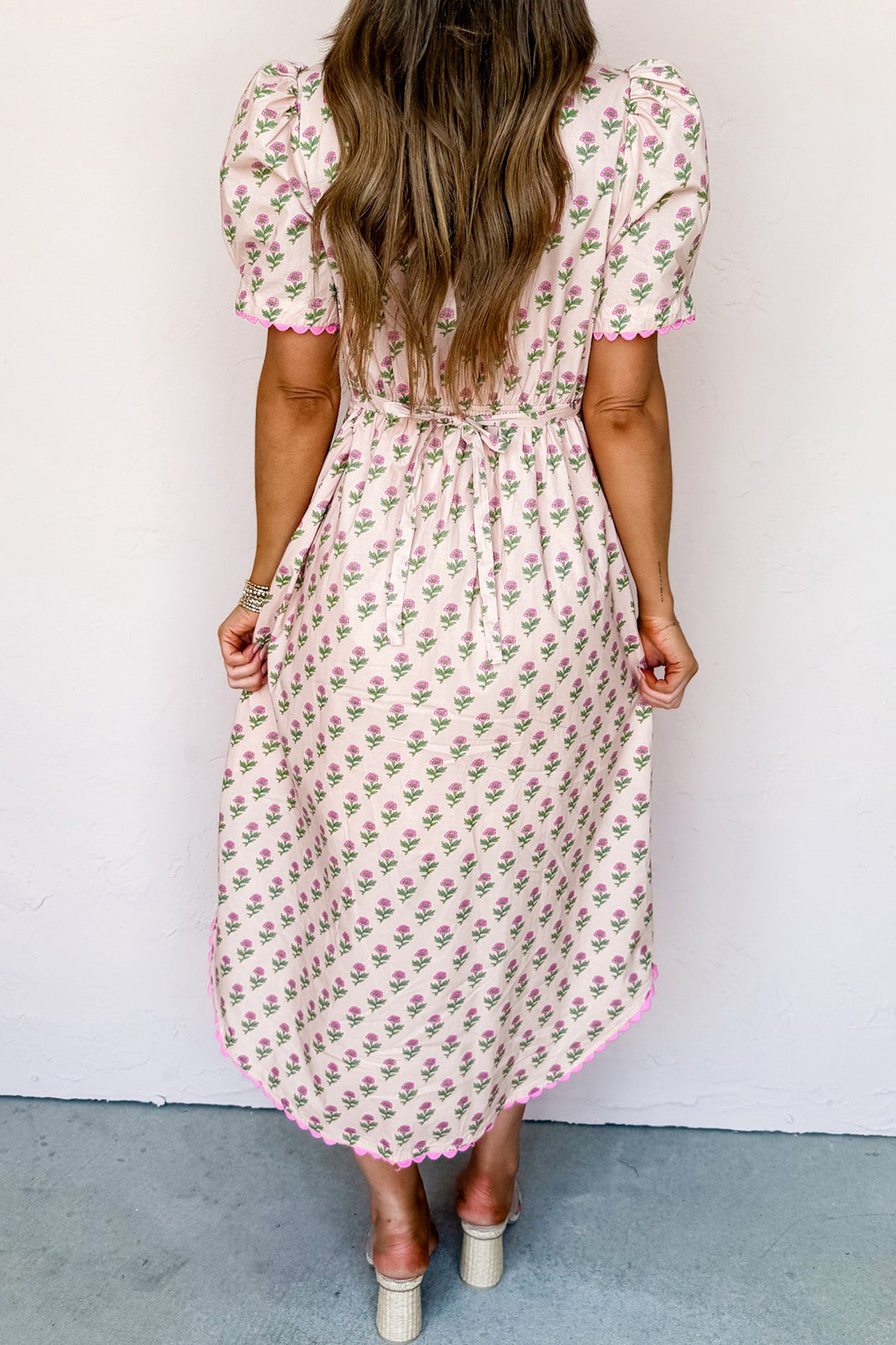 Chic Pink Floral Print Long Dress for Women – Short Sleeve, Perfect for Vacation & Daily Wear - Detail View 2 Chic Pink Floral Print Long Dress for Women – Short Sleeve, Perfect for Vacation & Daily Wear - Detail View 2