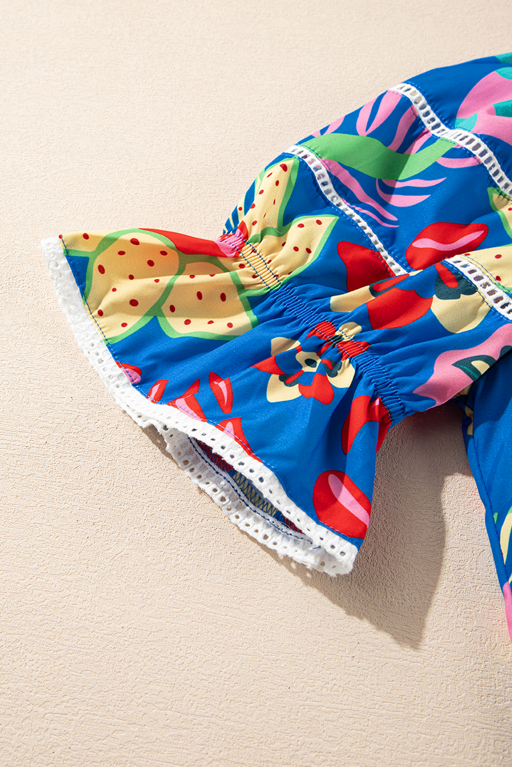 Stylish Blue Top with Ruffled Puff Sleeves and Contrast Lace Trim for Daily Wear - Detail View 11 Stylish Blue Top with Ruffled Puff Sleeves and Contrast Lace Trim for Daily Wear - Detail View 11