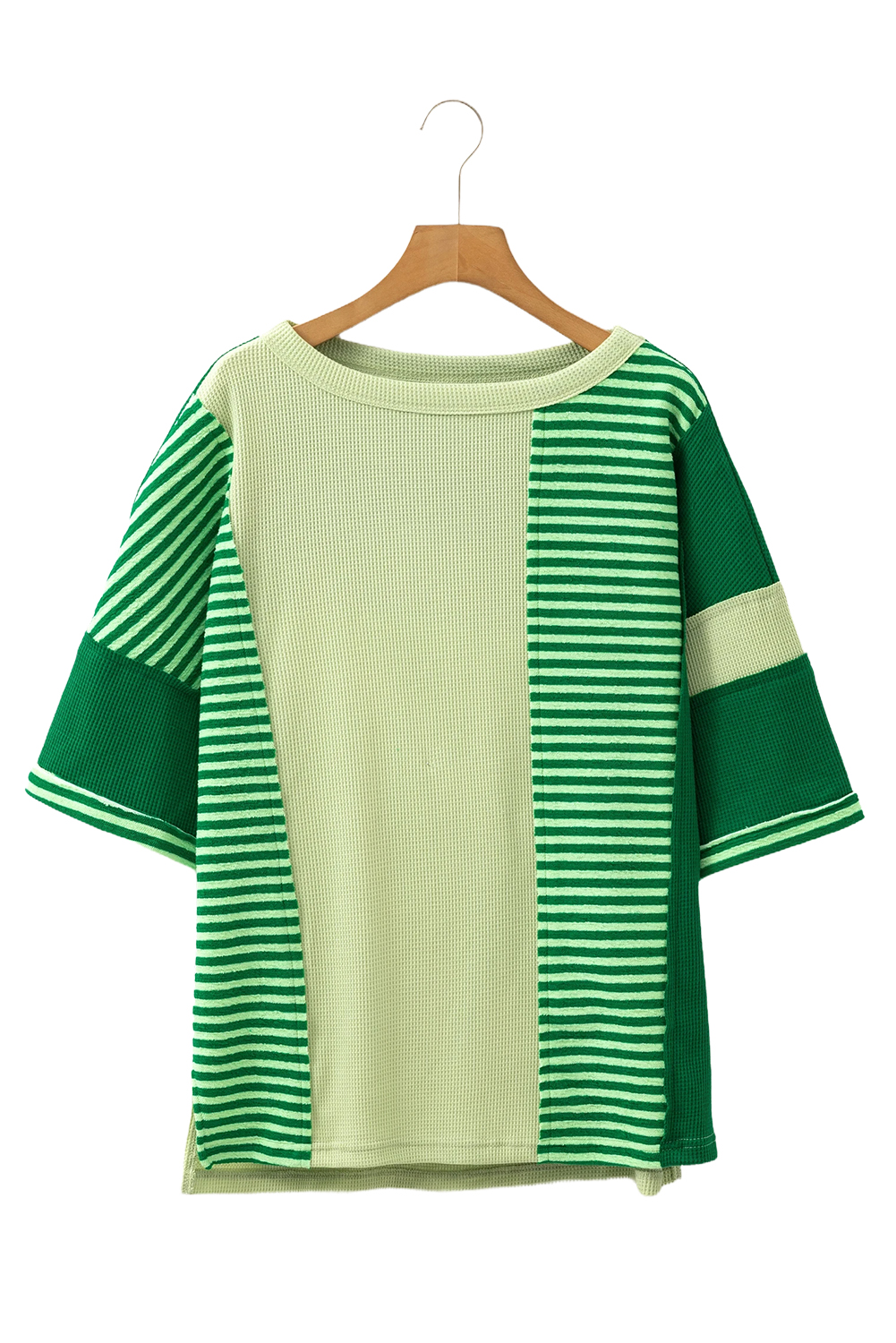 Women's Mint Green Striped Patchwork Textured Colorblock 3/4 Sleeve Knit Top - Detail View 13 Women's Mint Green Striped Patchwork Textured Colorblock 3/4 Sleeve Knit Top - Detail View 13