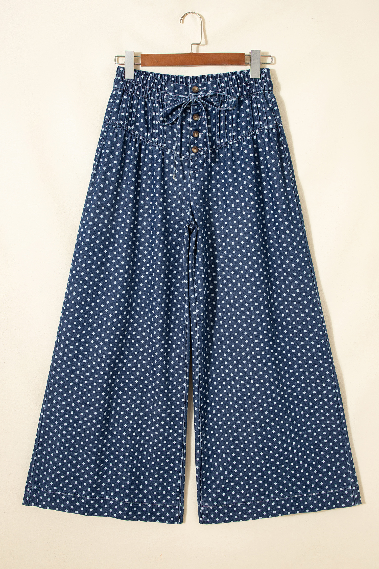 Women's High Waist Polka Dot Print Denim Jeans – Wide Leg Drawstring Pants, Stylish Gift for Her - Detail View 3 Women's High Waist Polka Dot Print Denim Jeans – Wide Leg Drawstring Pants, Stylish Gift for Her - Detail View 3