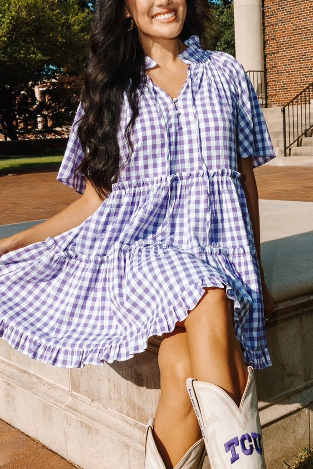 Chic Lavendula Plaid Mini Dress with Ruffled Trim and Relaxed Fit - Detail View 2 Chic Lavendula Plaid Mini Dress with Ruffled Trim and Relaxed Fit - Detail View 2