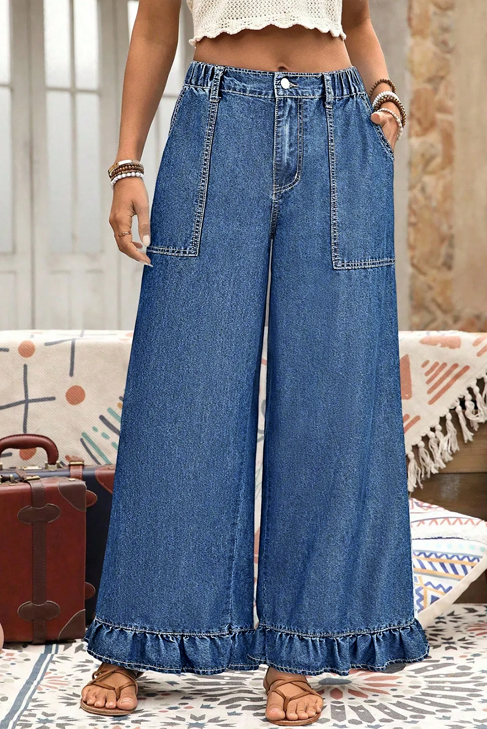 Stylish Sail Blue Plus Size Denim Pants with Elastic Waist – Ruffled Wide Leg Design - Detail View 6 Stylish Sail Blue Plus Size Denim Pants with Elastic Waist – Ruffled Wide Leg Design - Detail View 6