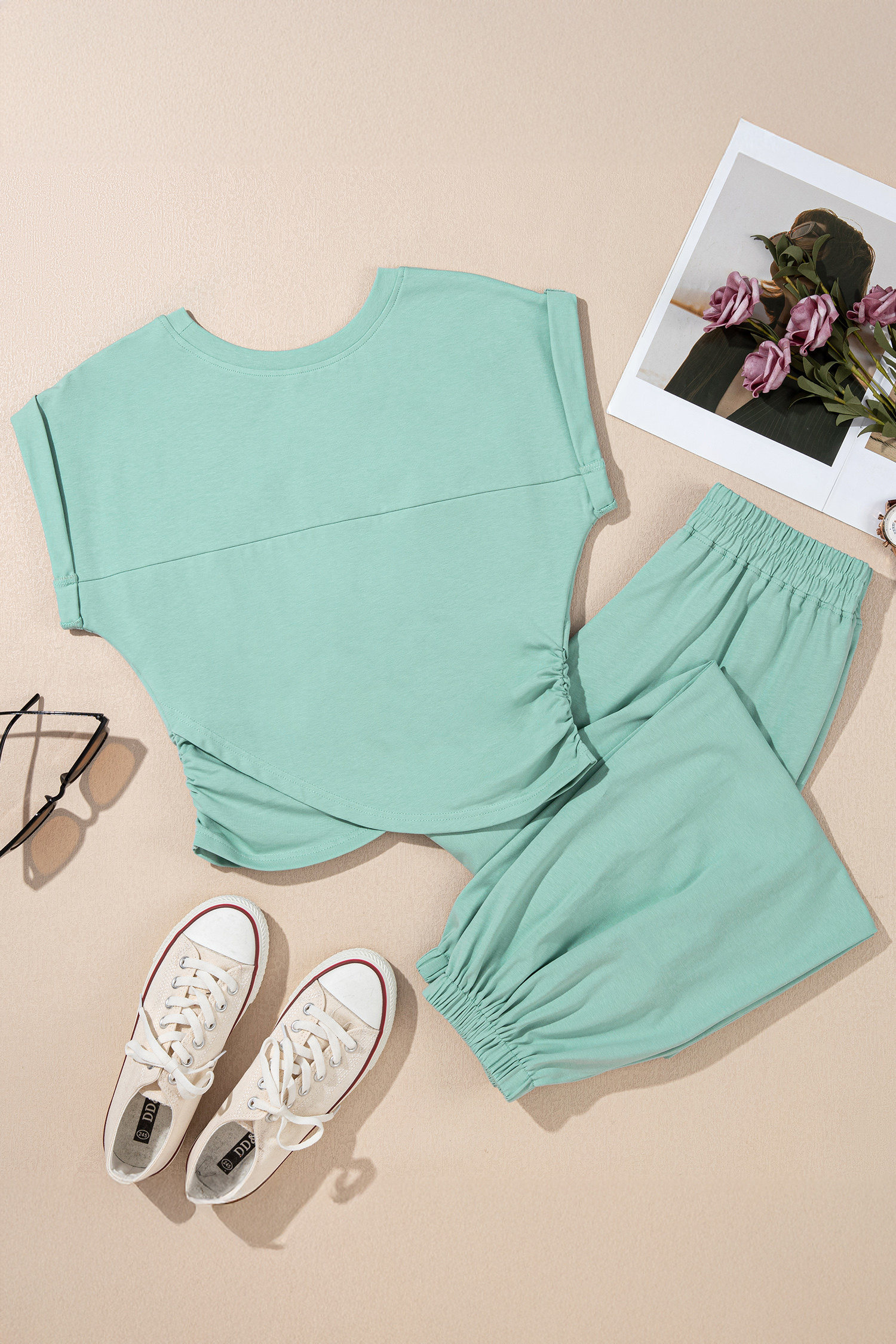 Women's Moonlight Jade Jogger Set – Casual Sleeveless Cropped Tank and High Waist Pants - Detail View 13 Women's Moonlight Jade Jogger Set – Casual Sleeveless Cropped Tank and High Waist Pants - Detail View 13