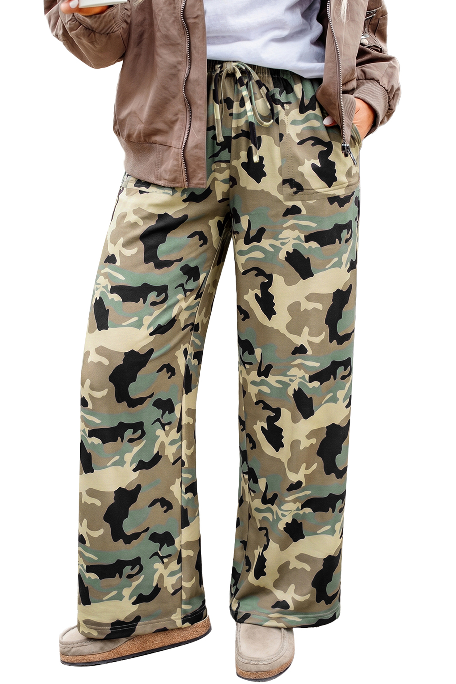 Women's Camo Wide Leg Pants, Casual High Waist Trousers - Main View Women's Camo Wide Leg Pants, Casual High Waist Trousers - Main View