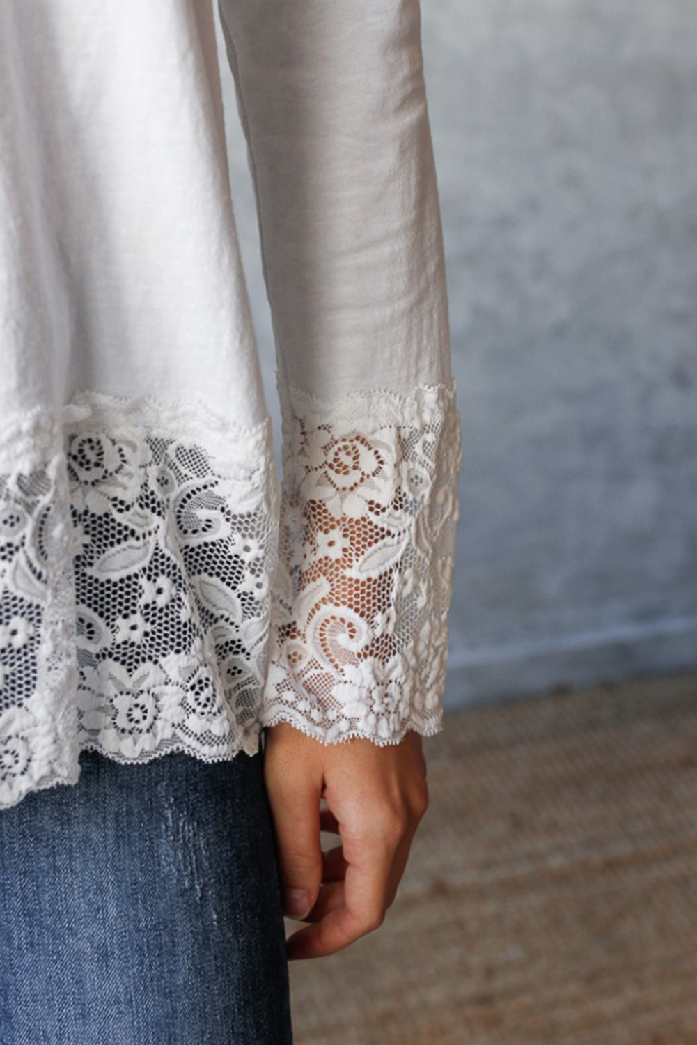 Casual Southern Belle White Patchwork Lace Top with Cuffed Sleeves - Detail View 5 Casual Southern Belle White Patchwork Lace Top with Cuffed Sleeves - Detail View 5