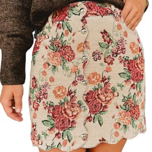 Women's Apricot Floral Mini Skirt – Buttoned Front with Scalloped Trim for Casual Office Style - Main View