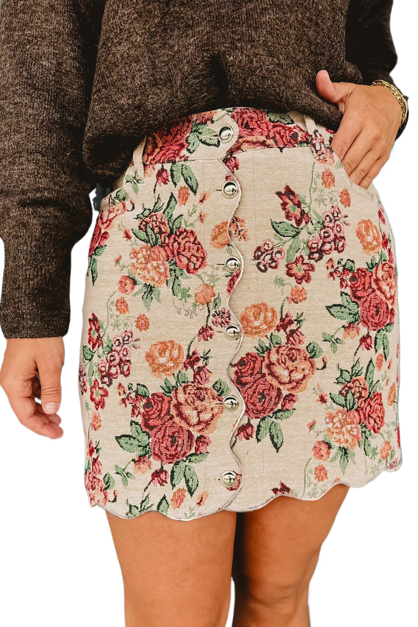 Women's Apricot Floral Mini Skirt – Buttoned Front with Scalloped Trim for Casual Office Style - Main View Women's Apricot Floral Mini Skirt – Buttoned Front with Scalloped Trim for Casual Office Style - Main View