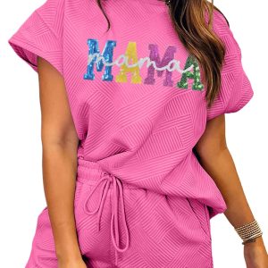 Strawberry Pink Sequined MAMA Letter Graphic 2-Piece Set for Moms - Main View