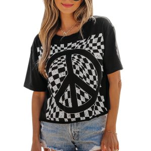 Women's Black Checkerboard Peace Sign Printed Round Neck T-Shirt - Main View