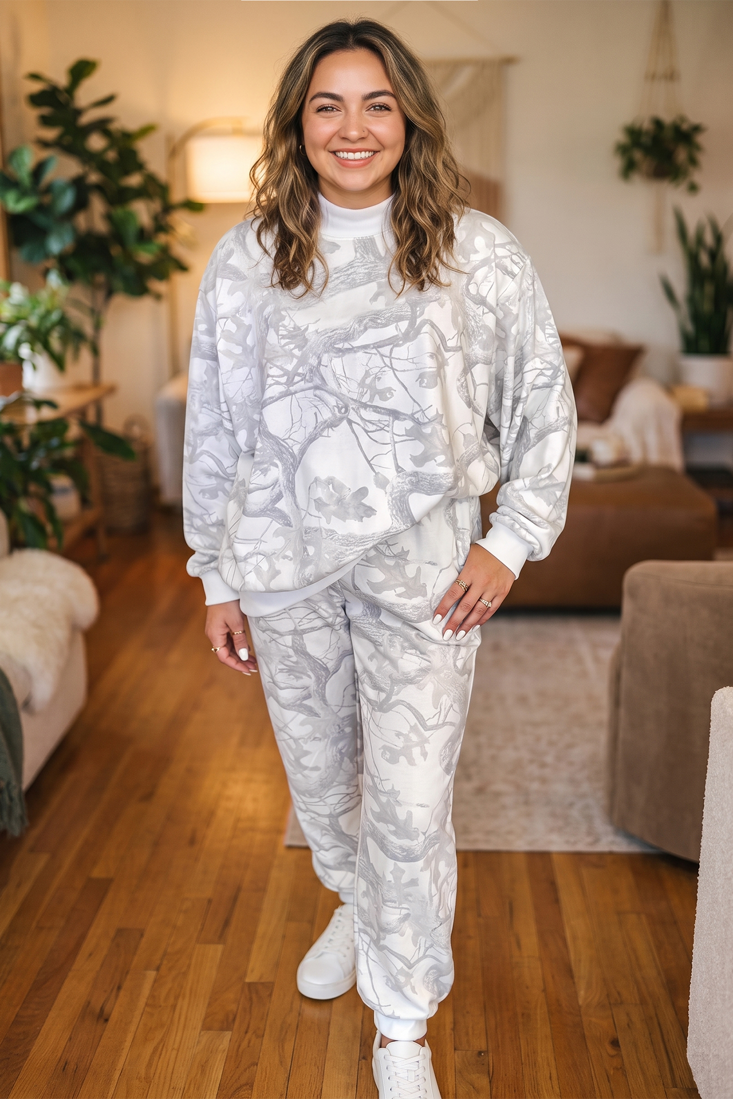 Women's Gray Camouflage Set, Trendy Long Sleeve Joggers - Detail View 8 Women's Gray Camouflage Set, Trendy Long Sleeve Joggers - Detail View 8