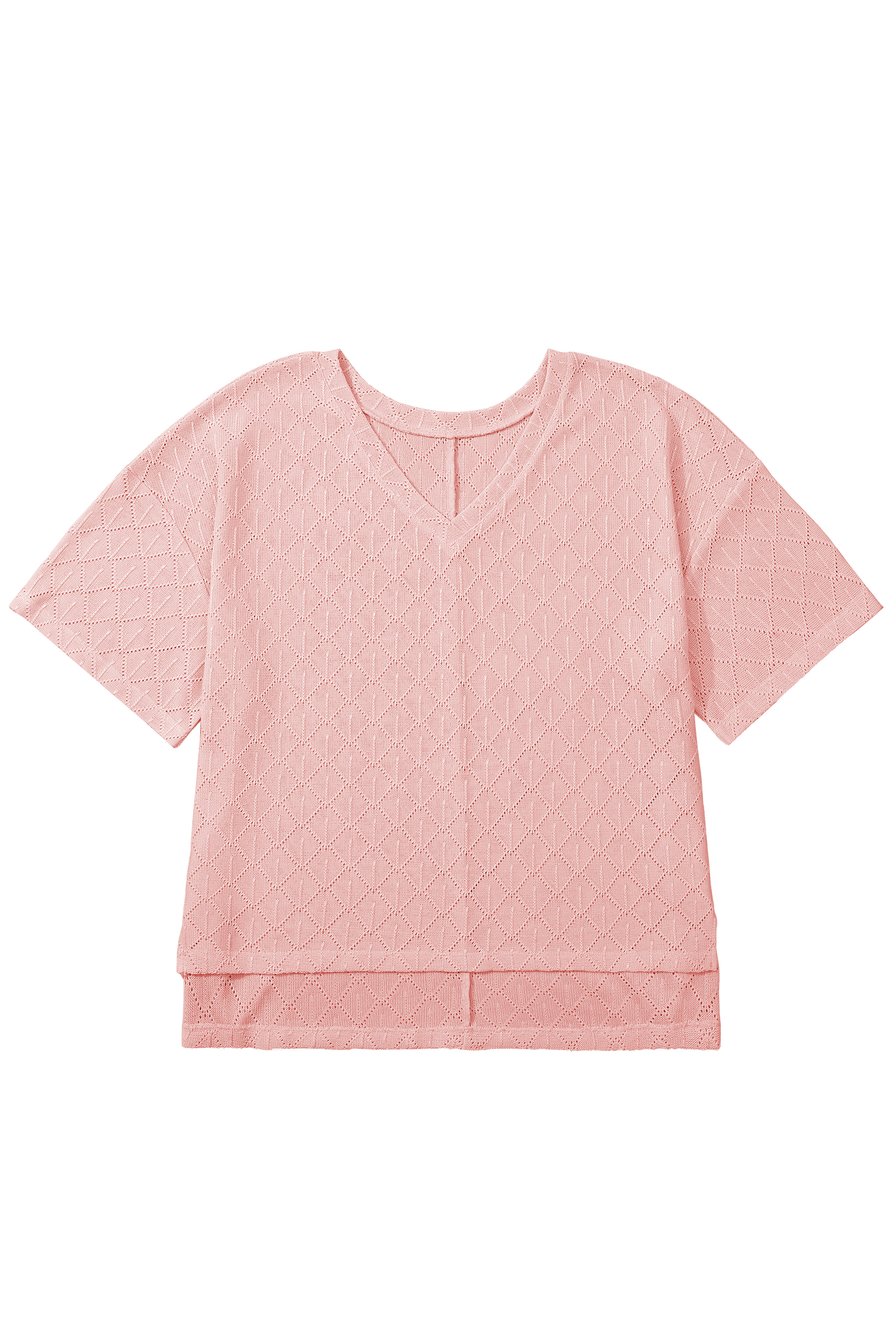Light Pink Pointelle Rhombus Knit Plus Size V Neck Top – Casual Summer Style for Women - Detail View 19 Light Pink Pointelle Rhombus Knit Plus Size V Neck Top – Casual Summer Style for Women - Detail View 19